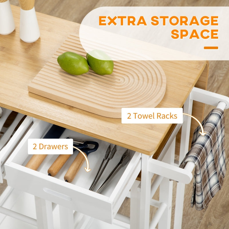 Kitchen Island Set with 2 Stools, Drop Leaf Top, Drawers & Towel Rack, Bamboo White