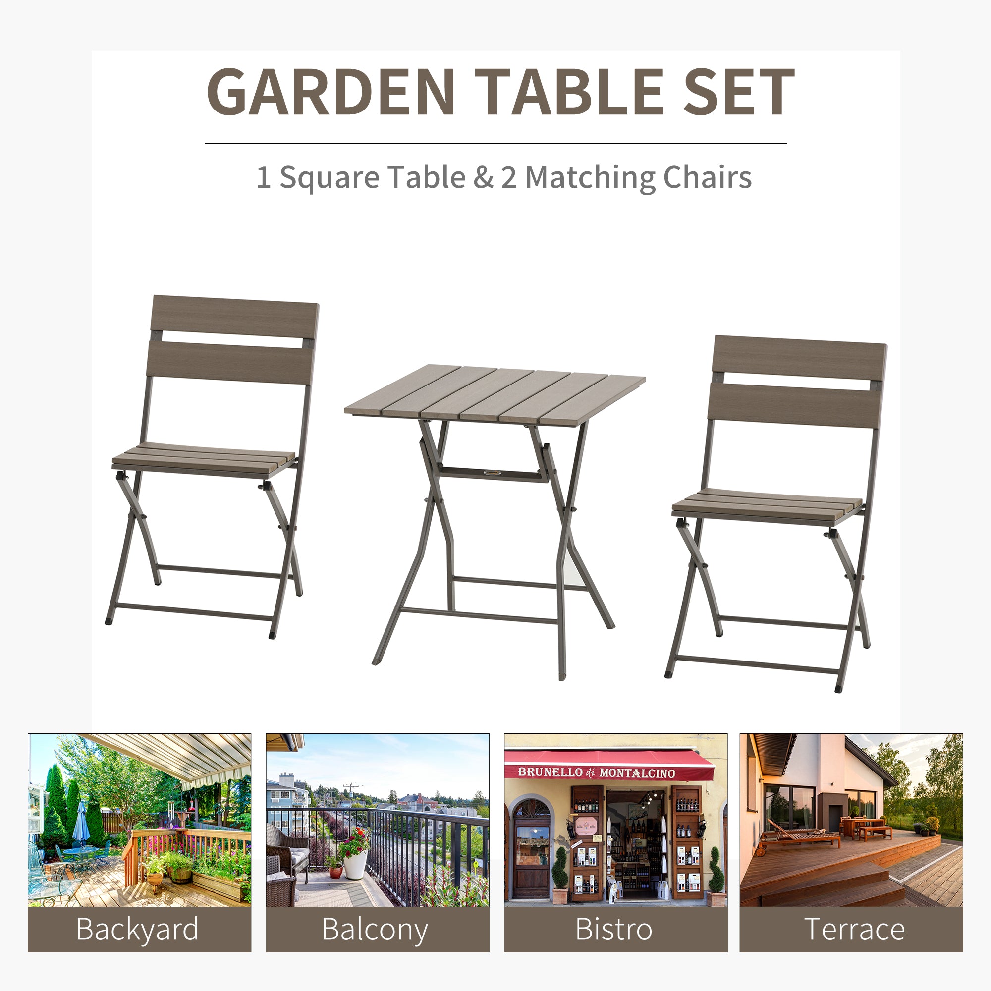 3 Piece Garden Bistro Set, Foldable Table and 2 Chairs, Grey