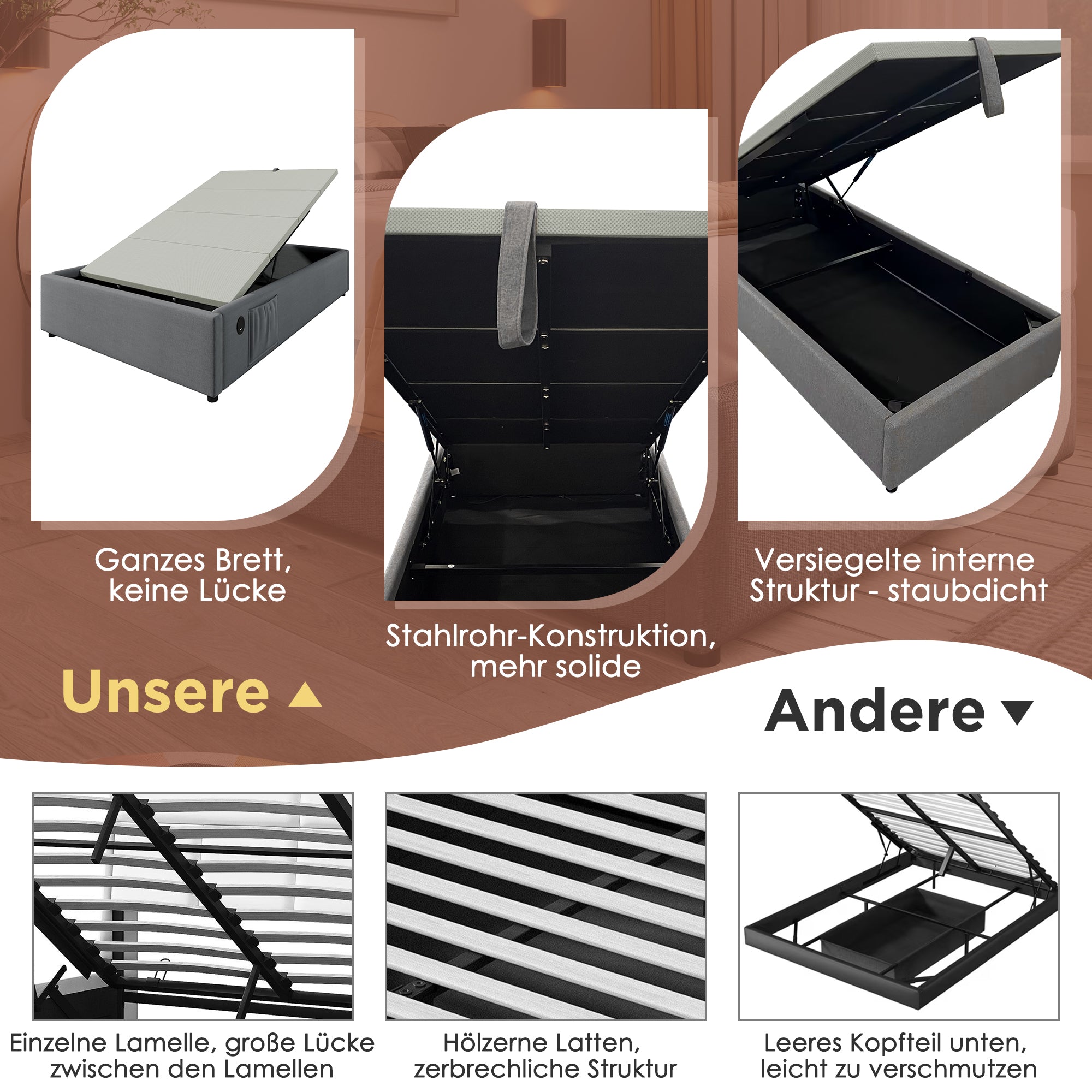 Children's Upholstered Bed, 90x200 cm, with Bookcase, Hydraulic Storage, USB-C, Single, Grey Linen