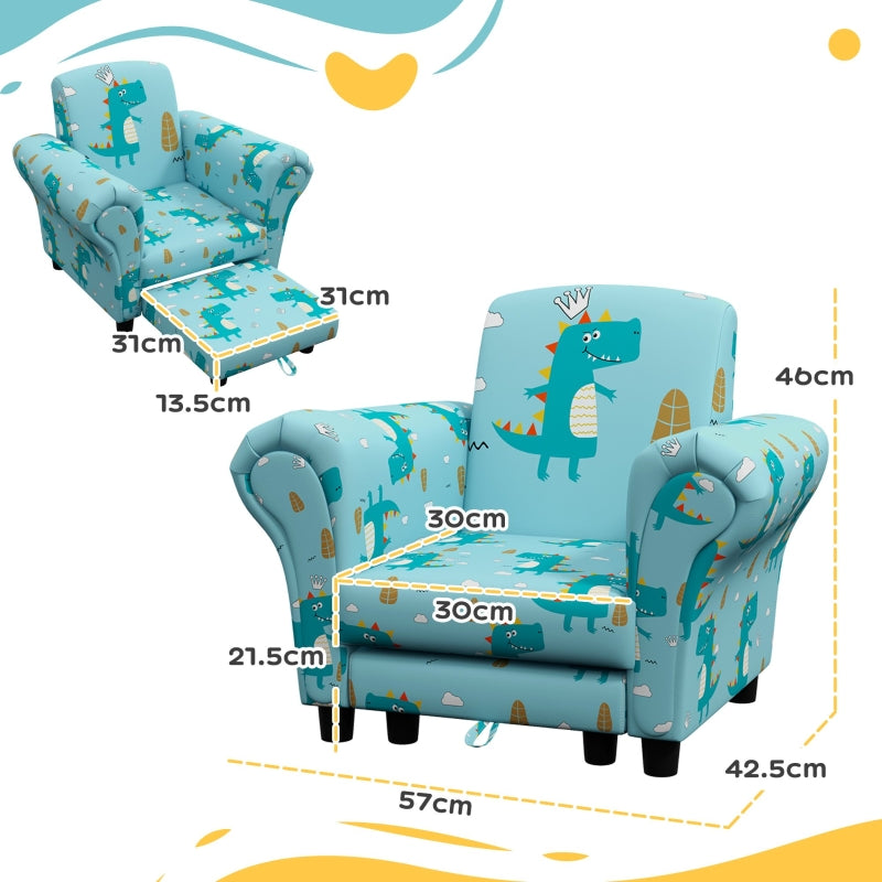 2 Piece Kids Sofa Set, Dinosaur Design Wooden Frame, Blue