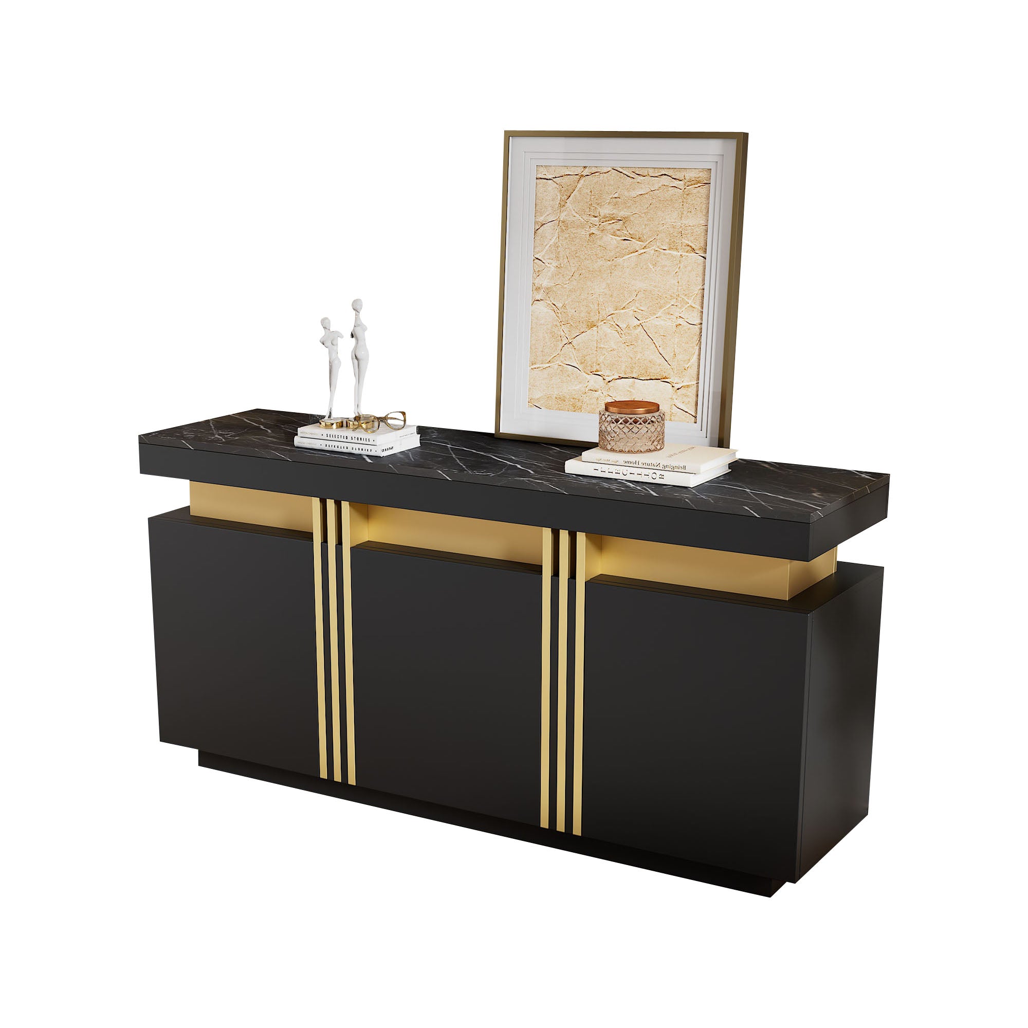 Sideboard, Display Cabinet with 3 Doors, Adjustable Dividers, Black and Gold