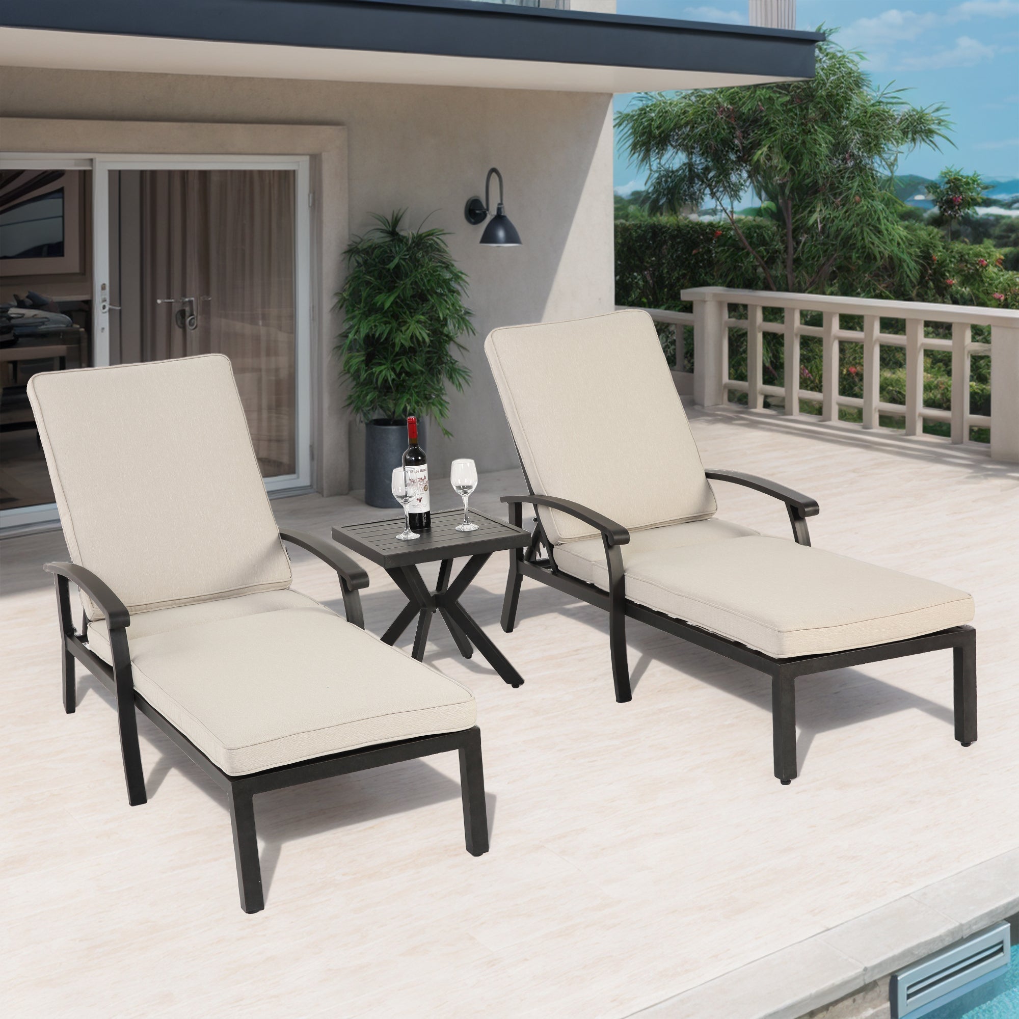 Lounge Patio Chair, Adjustable Recliner Rust-Resistant Aluminum, Beige Cushion