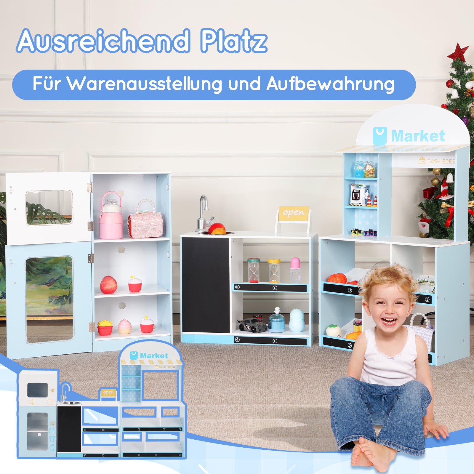 Children's Toy Shop with Shelves, Refrigerator and Chalkboard, Wood and Plastic, Blue