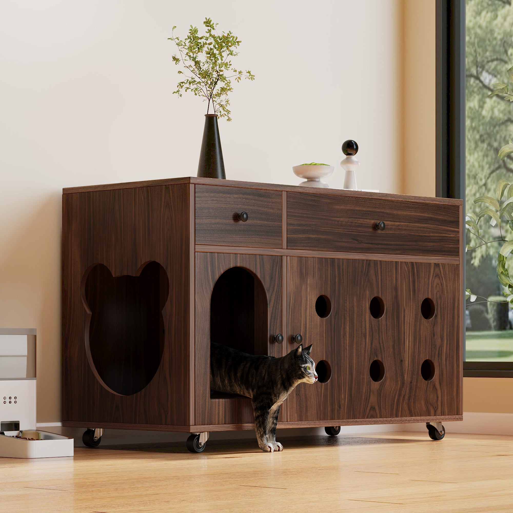 Cat Litter Box Cabinet Mobile Odor-Insulated Removable Sand Drain 100x45x66 cm - Walnut Color