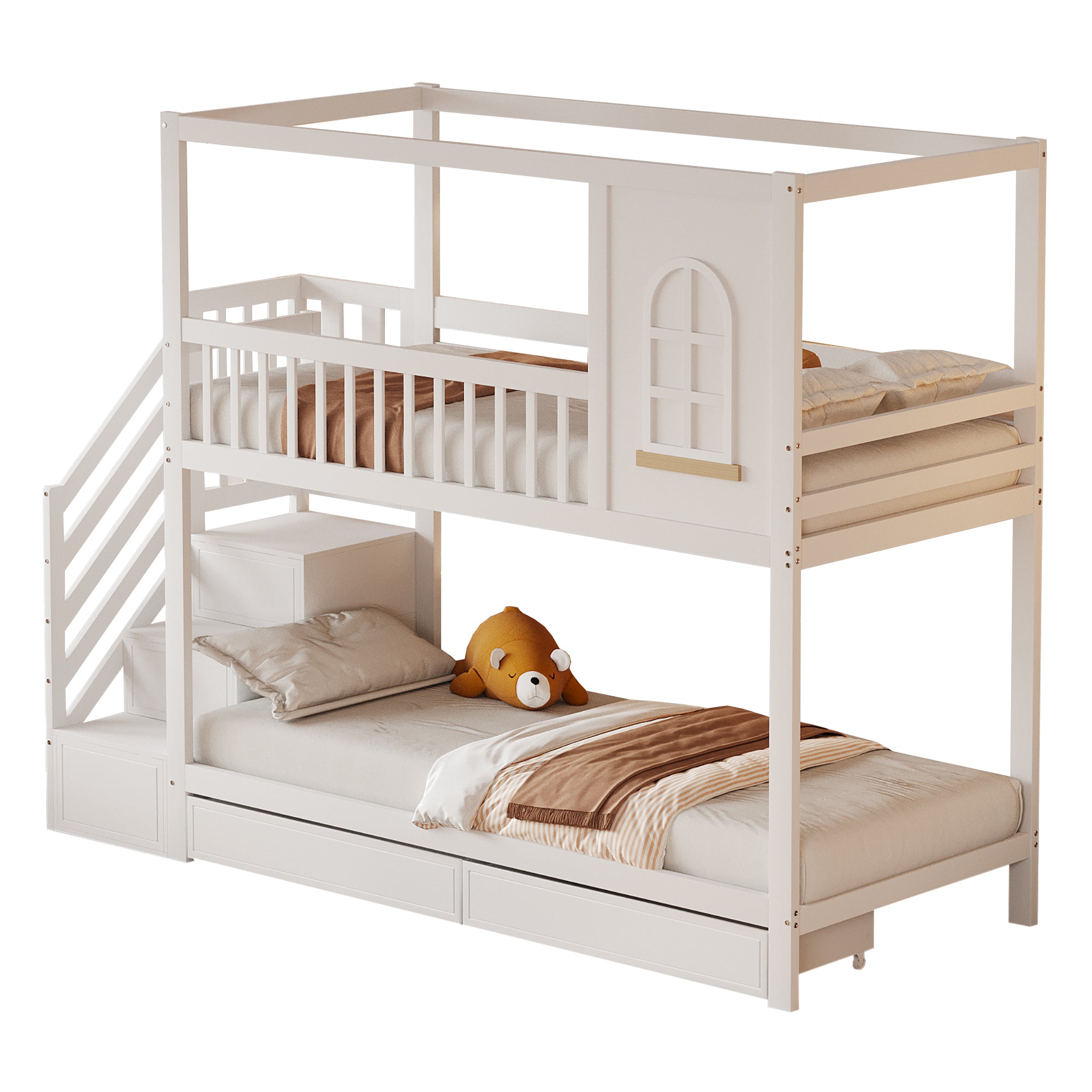 Bunk Bed Solid Wood 90x200cm House Shape with Drawers and Ladder, White