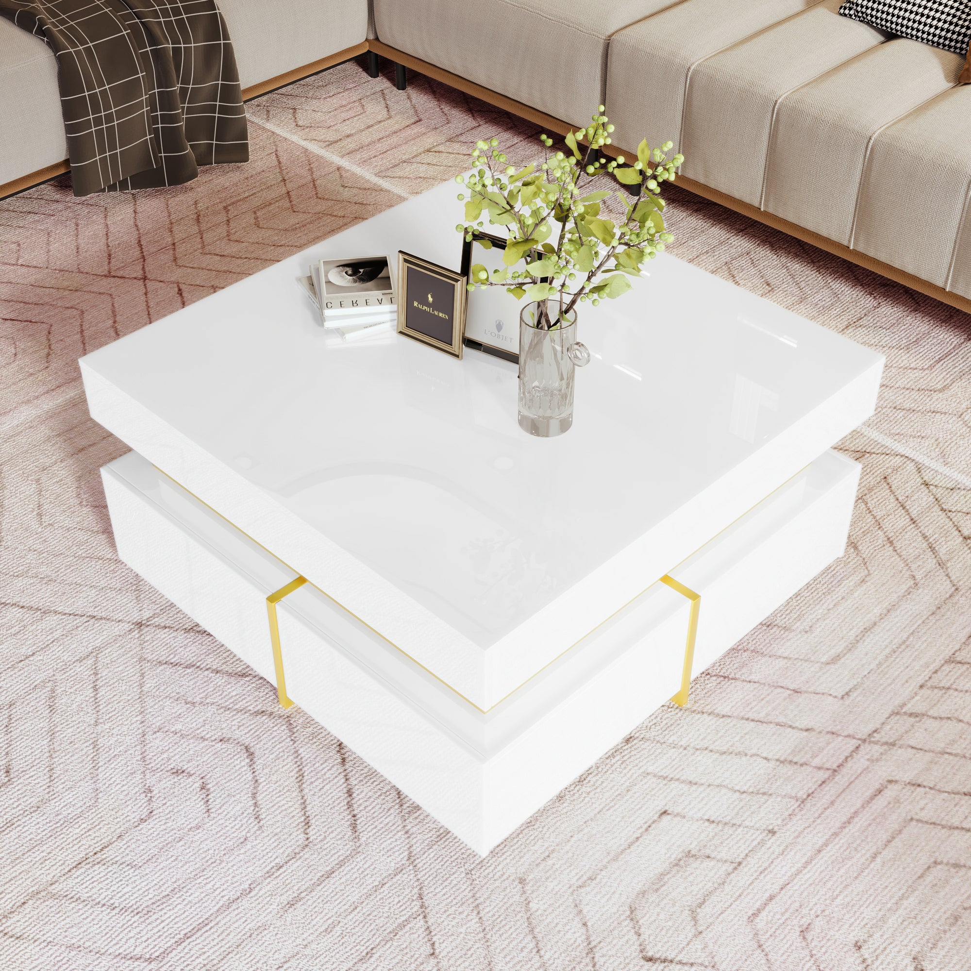 Coffee Table, High-Gloss, Drawers and Gold Accents