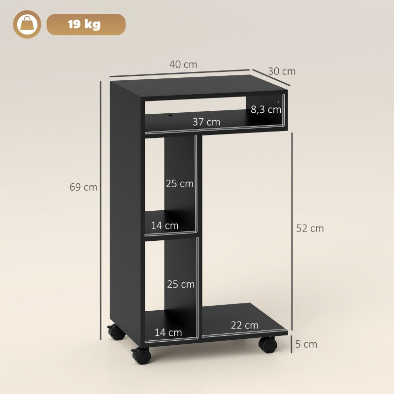 C-Shaped Serving Trolley 40x30x69cm 4 Wheels 3 Compartments - Black