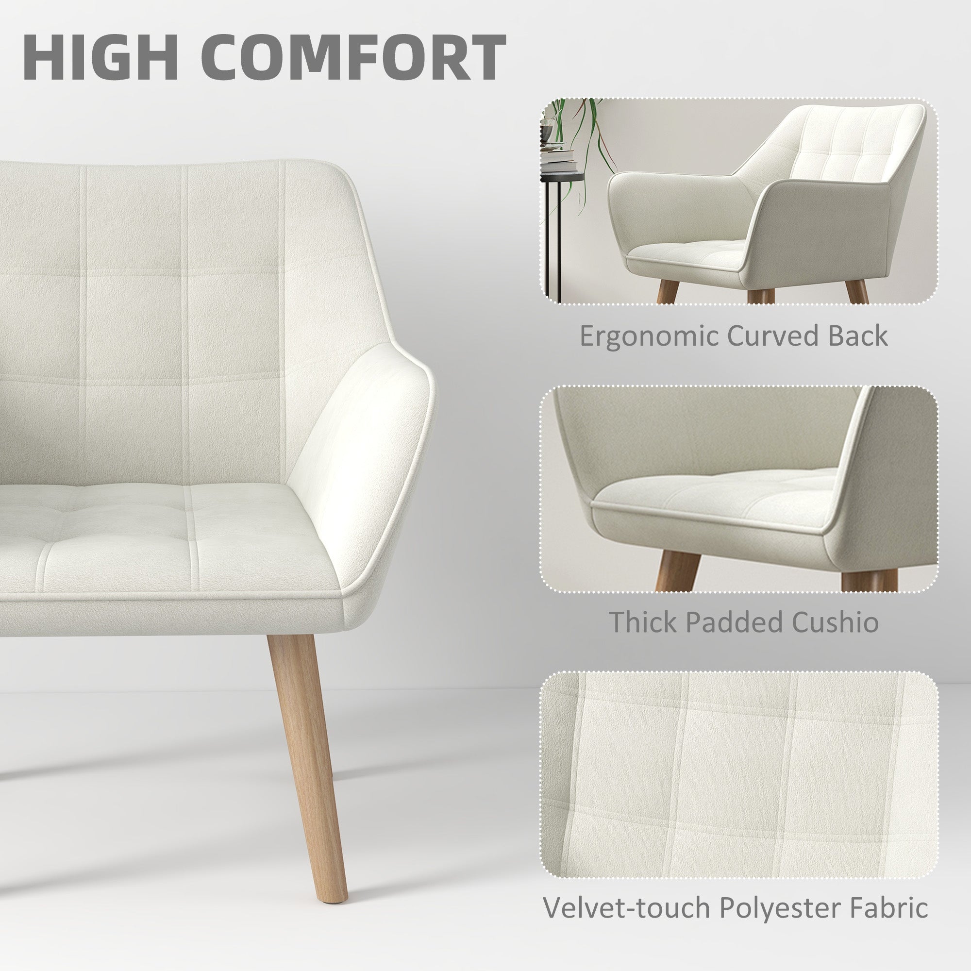Accent Chair with Wide Arms, Slanted Back, Thick Padding, Rubber Wooden Legs, Cream White