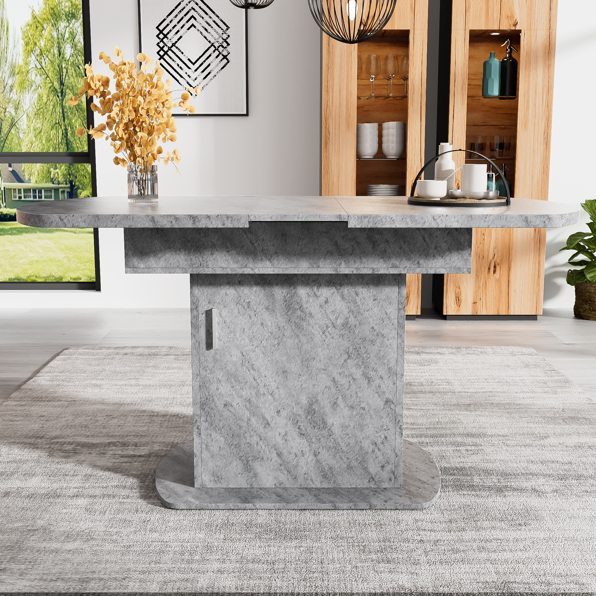 Extendable Oval Dining Table 110/130cm, Space-Saving, Storage Function, Cement Grey + Silver Handles