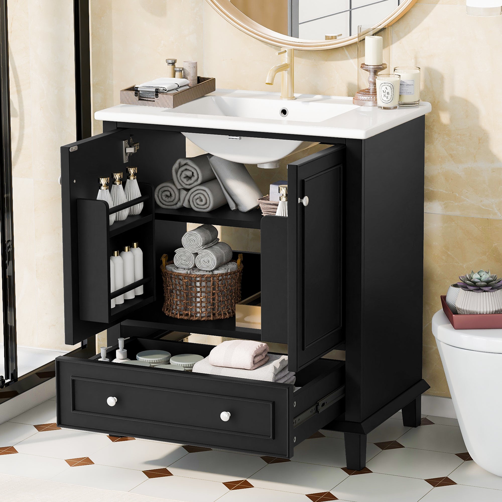 Bathroom Vanity Unit with Ceramic Sink and Solid Wood Legs, White and Black