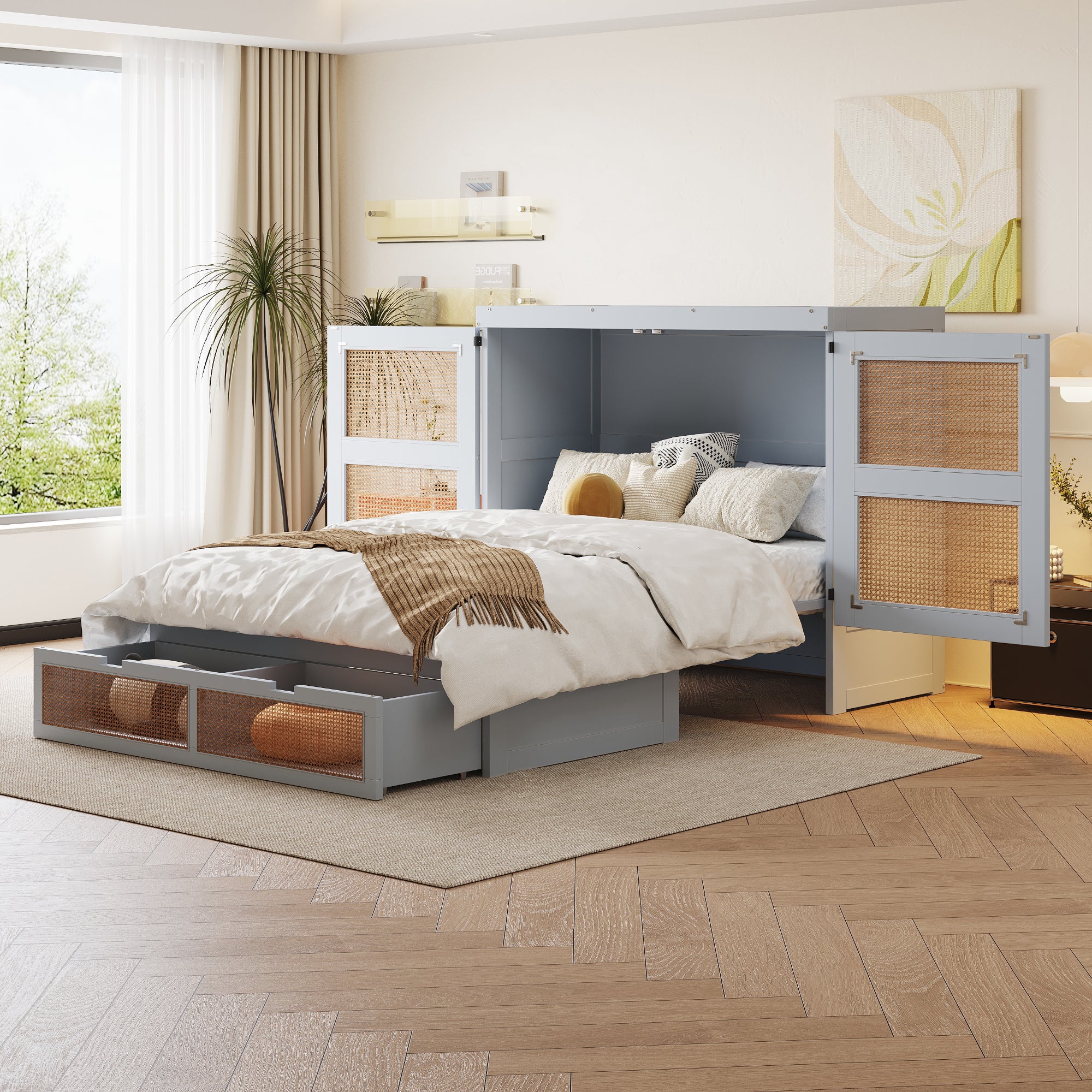 Wall Bed 140x200cm, Slatted Frame, Storage Drawers, Rattan Design, Grey