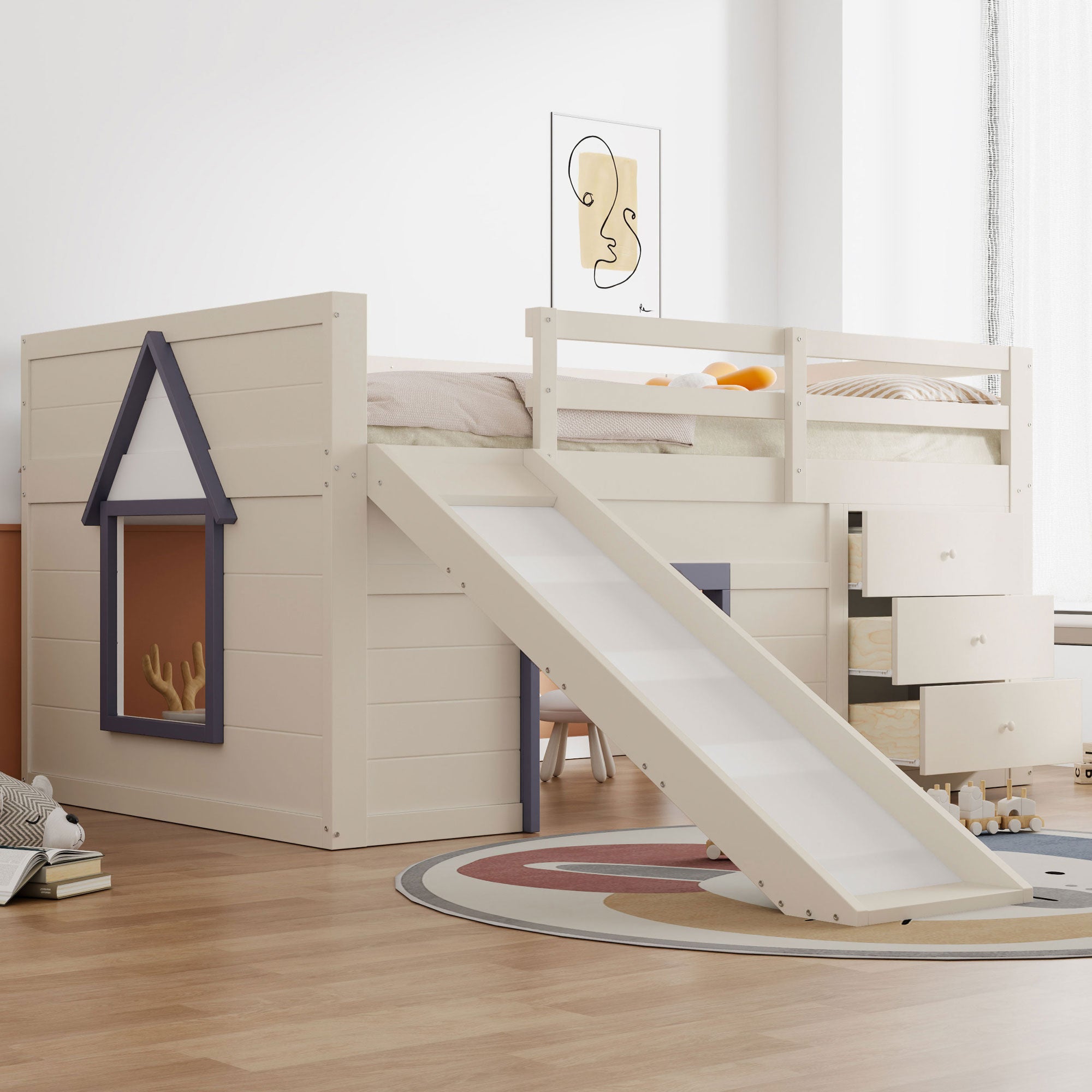 140 x 200 Low Loft Bed with Slide, Three Drawers and Two Doors, Cream