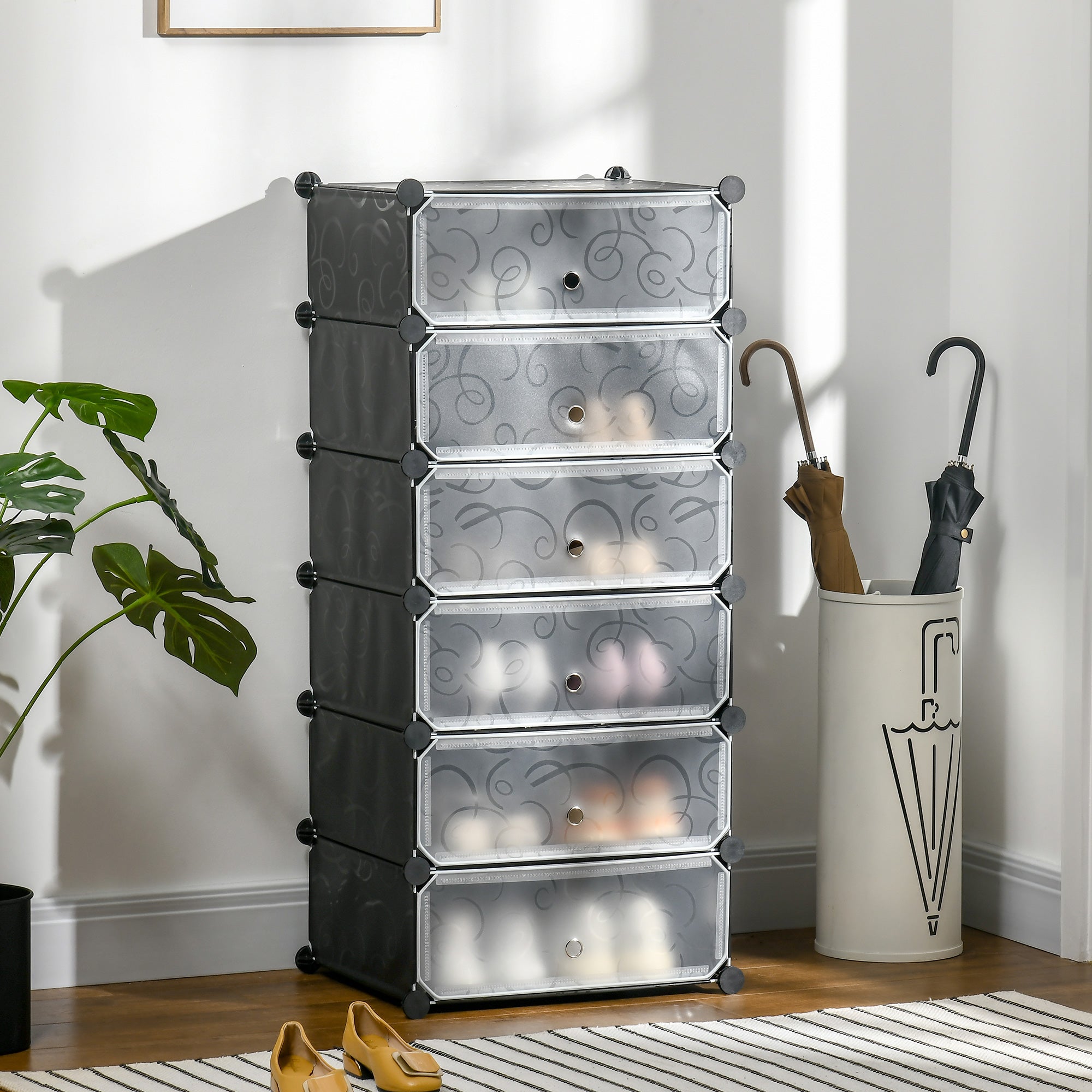 Shoe Rack Storage Box, DIY Shelving Unit for 6 Pairs, Plastic/Steel, Black+White