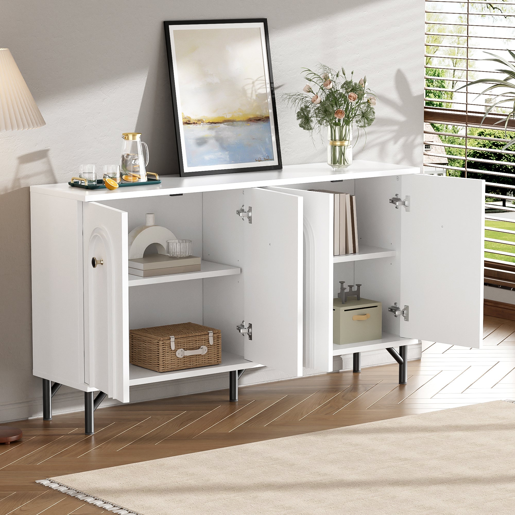 Sideboard, 4-Door with Curved Front, Adjustable Shelves, White