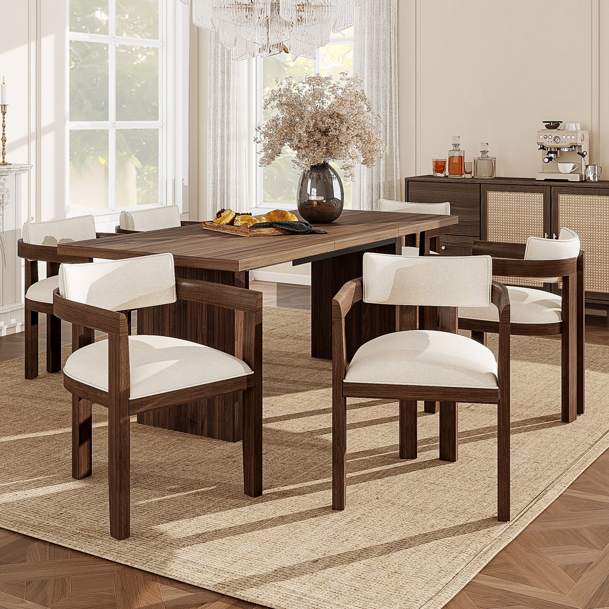 Solid Wood Dining Chairs Set of 6, Modern and Breathable Linen, Walnut Wood Color