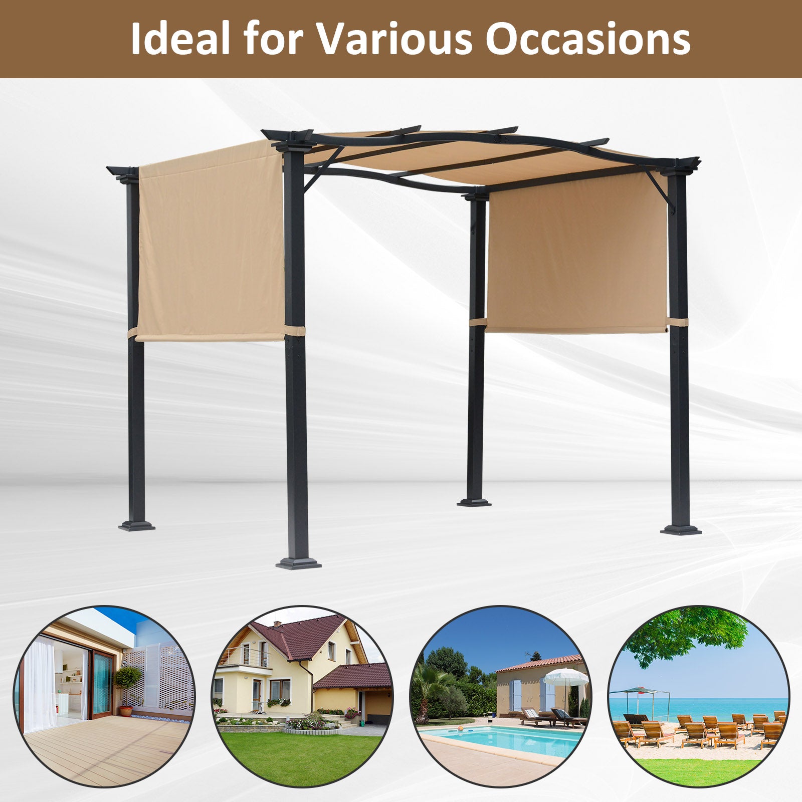 Outdoor Retractable Pergola Garden Gazebo Adjustable Side Canopy Overhead Sun Shade Steel Khaki