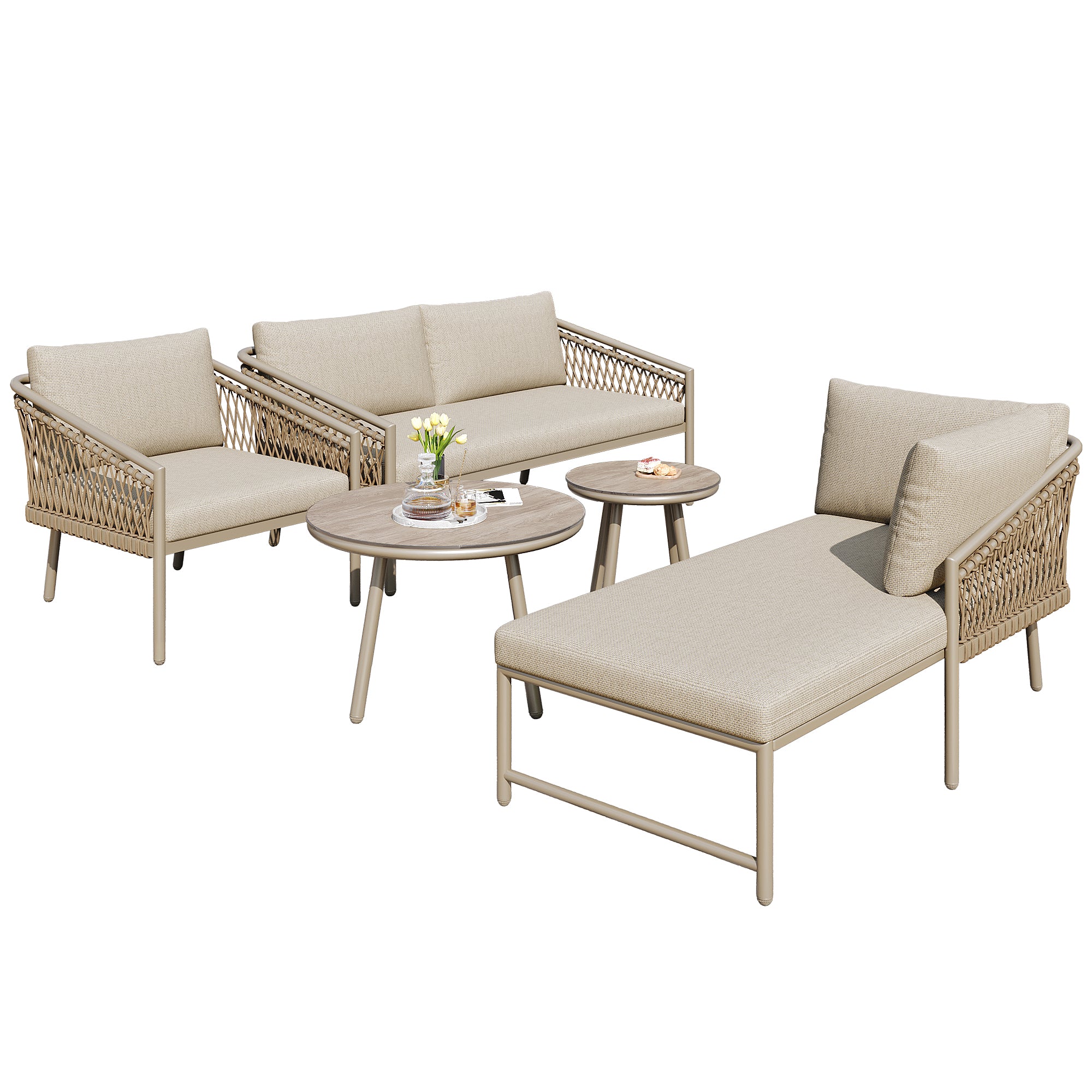 Garden Lounge Set Rope Outdoor Sofa with Cushions - Khaki