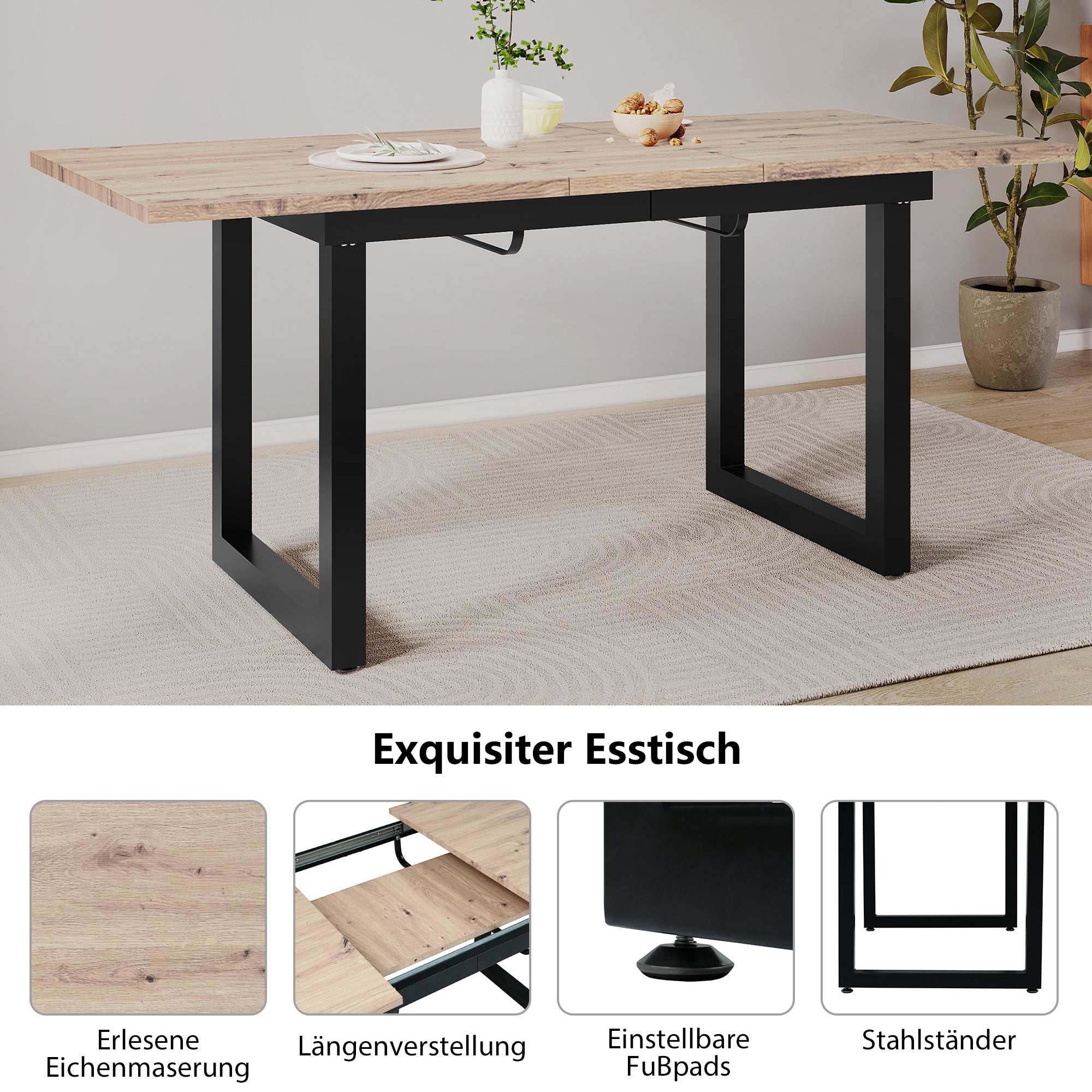 Extendable Dining Table 140/180cm Rectangular Industrial Foldable - Oak Look/Black