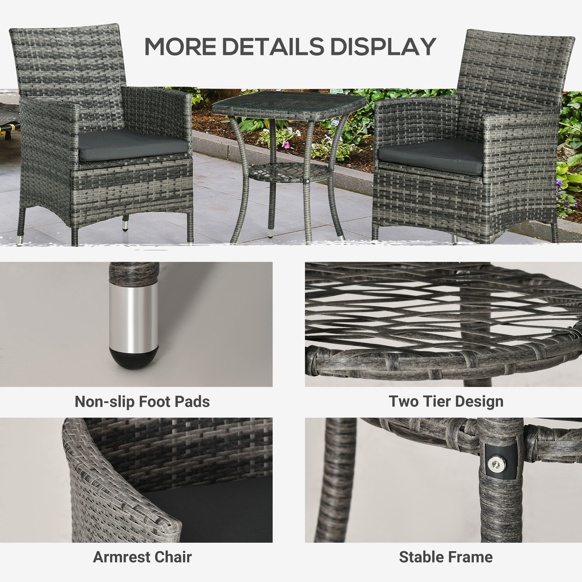 3 Pieces Rattan Bistro Set, Wicker 2-Tier Coffee Table Chairs Washable Cushions, Mixed Grey