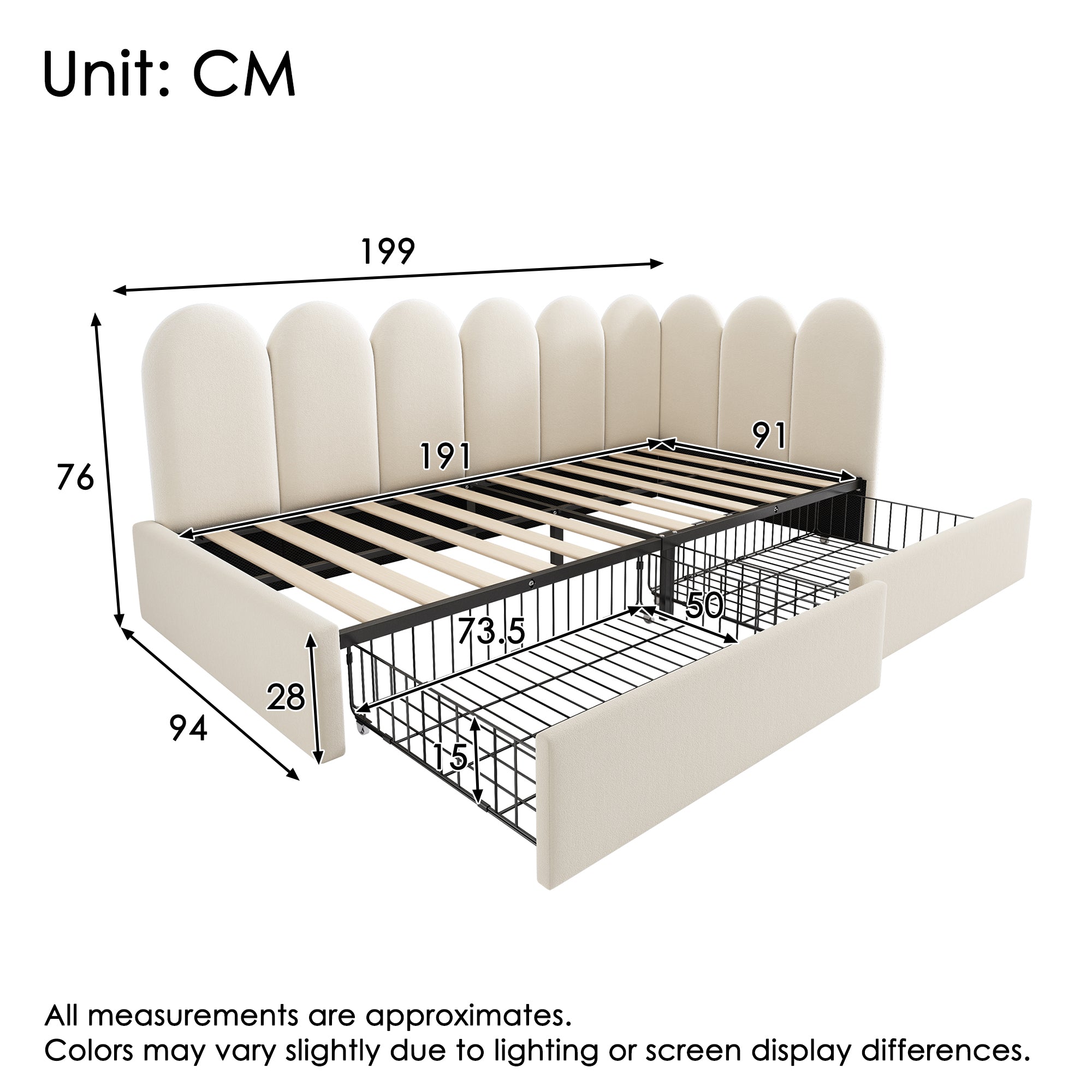 Upholstered single bed with drawers, storage bed in velvet, daybed / sofa bed, 90 × 190 cm, with slatted base, suitable for teenagers and adults, children’s bed, beige (mattress not included)