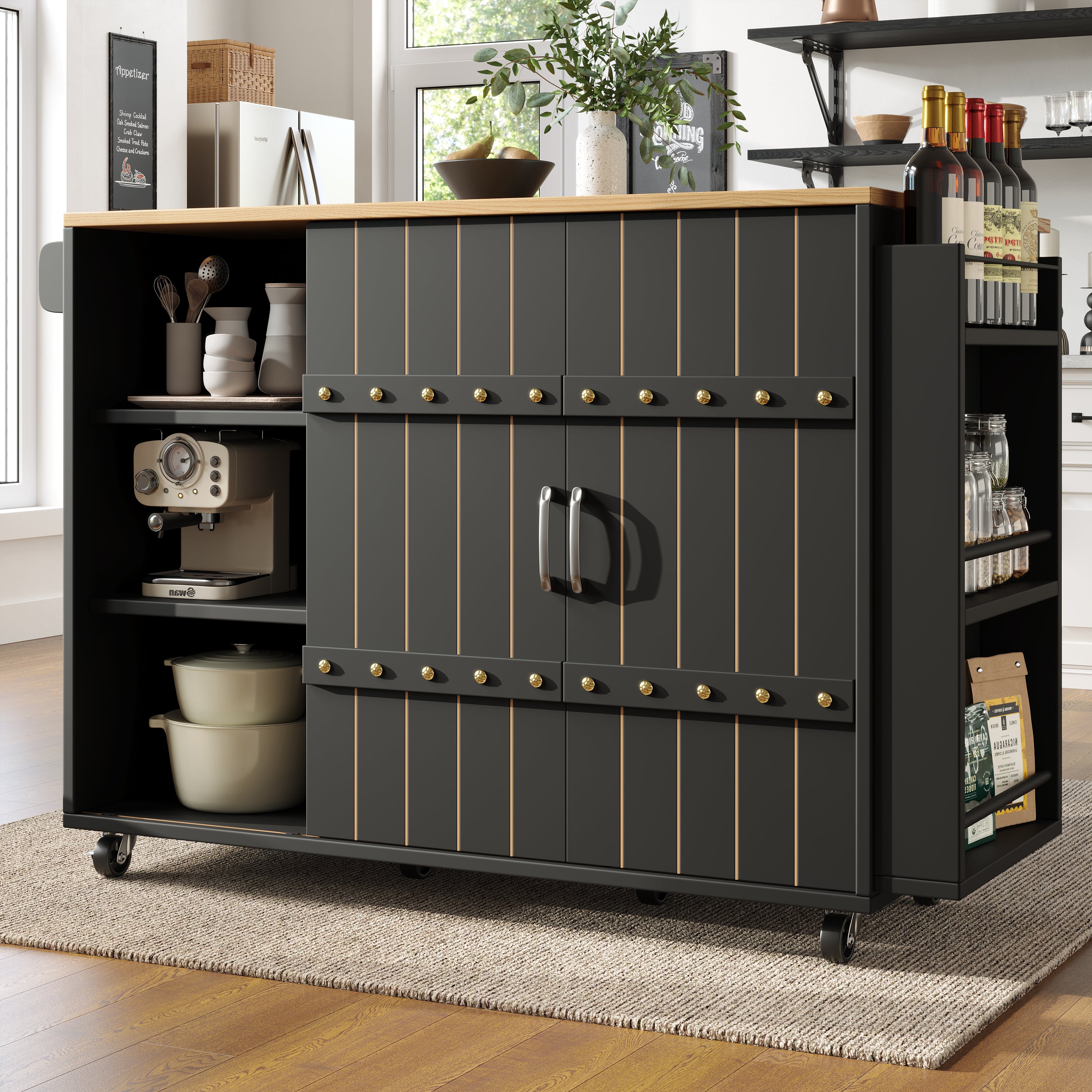 Kitchen Serving Cart Mobile Island with Worktop Sliding Doors Drawers Spice Rack Black