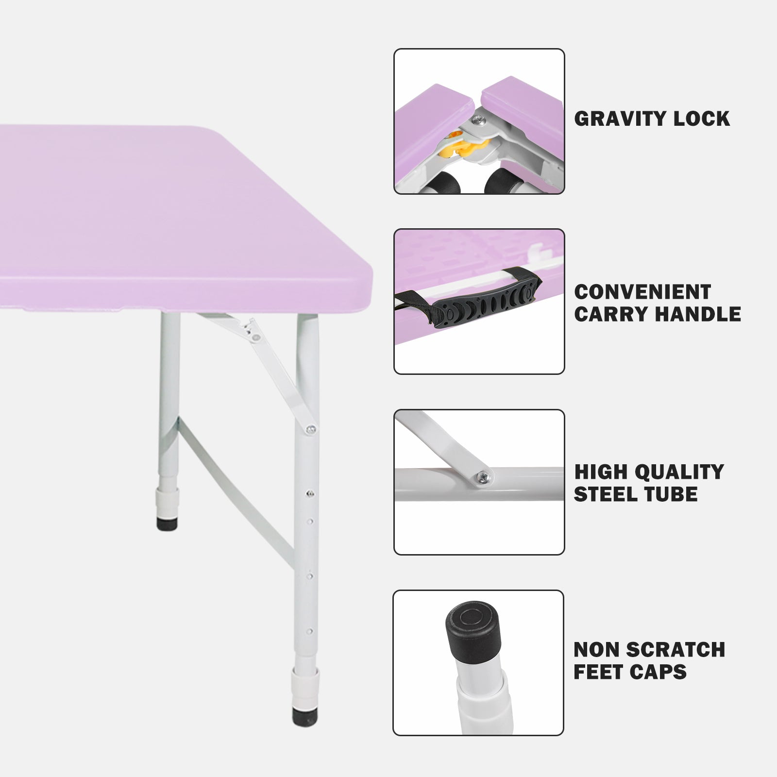 Portable Folding Table 125cm, Adjustable Height, Purple