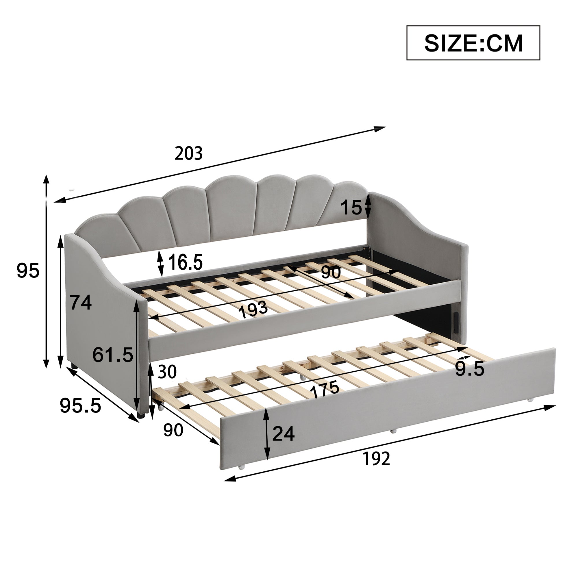 Upholstered Bed, 3FT Single with Trundle, Daybed Sofa for Adults & Teenagers, Easy Assembly, Velvet, Grey