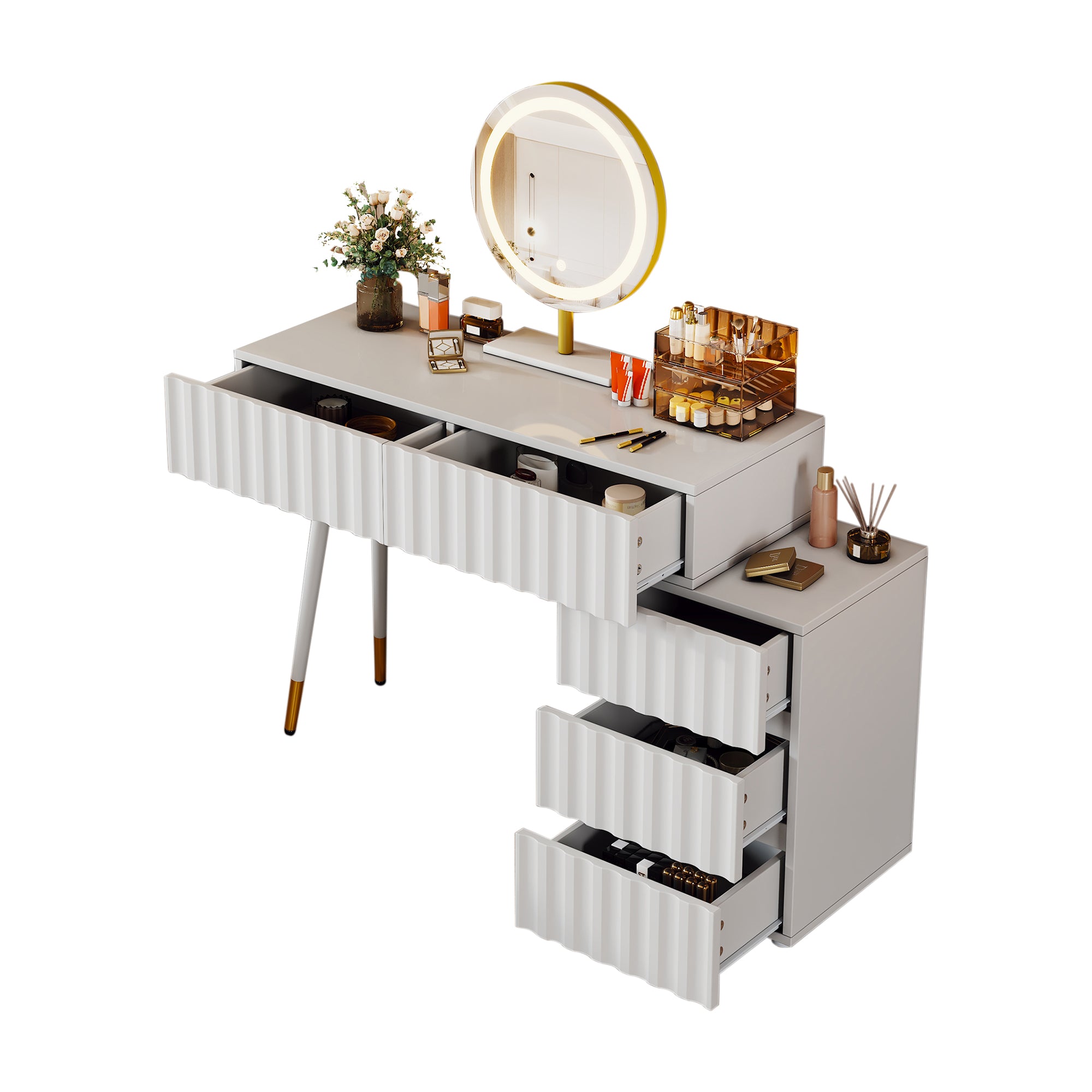 Dressing table with LED mirror and lighting, 5 spacious drawers, white