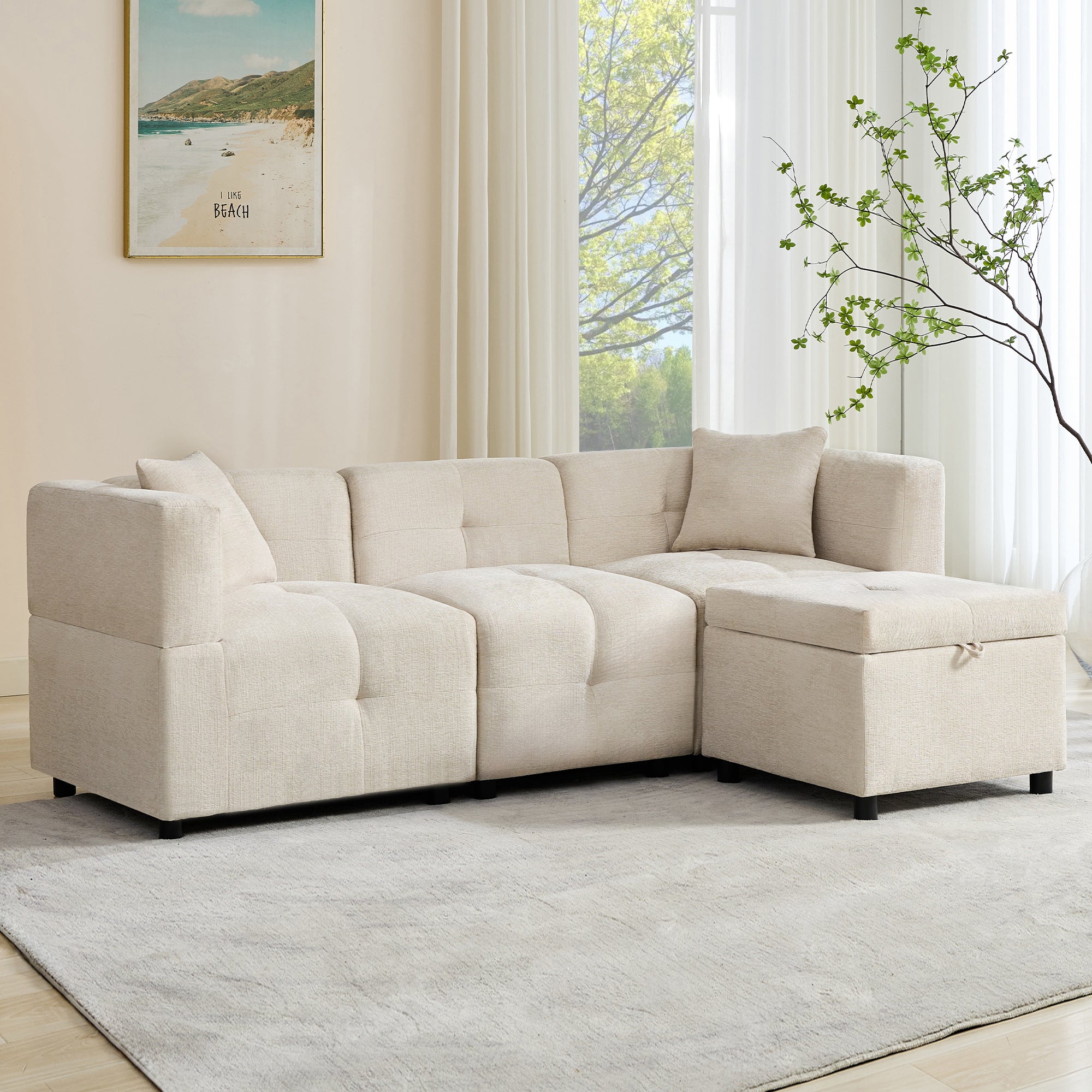 Sofa, 3-Seater L-Shaped Corner with Storage & Removable Footstool, 2 Cushions
