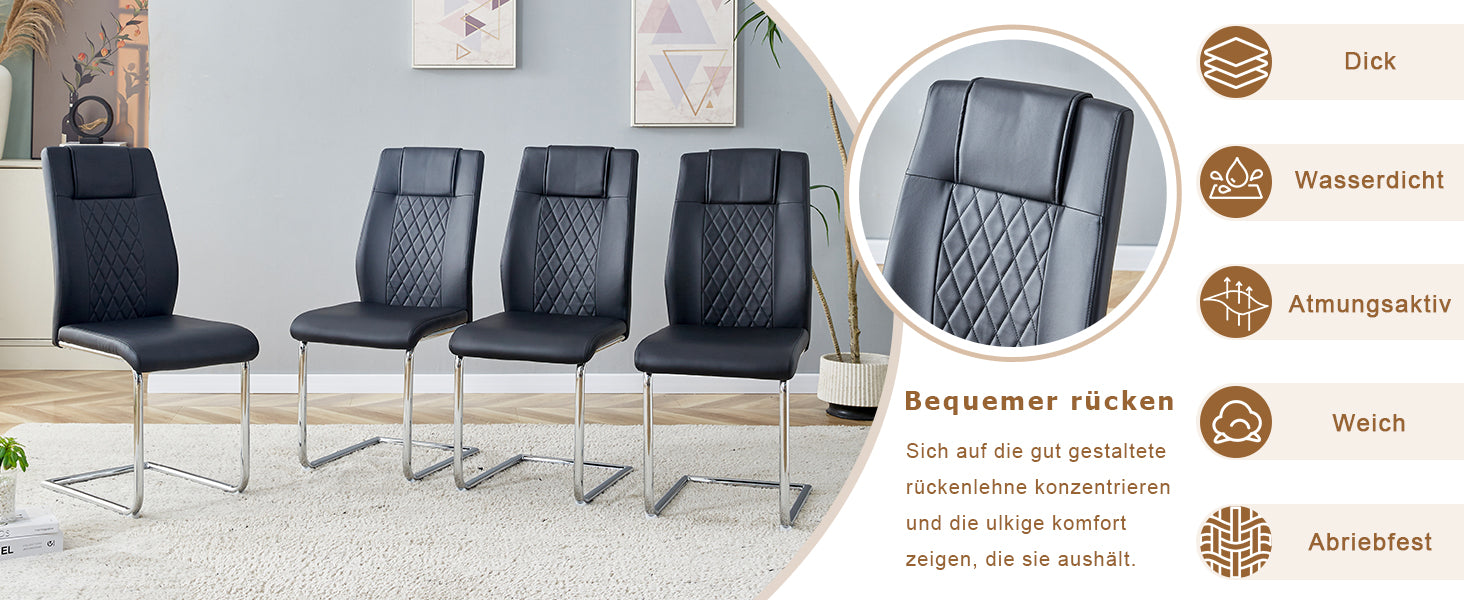 Dining Chair, Nordic Style Mesh Stitching with Silver Metal Legs, Black PU