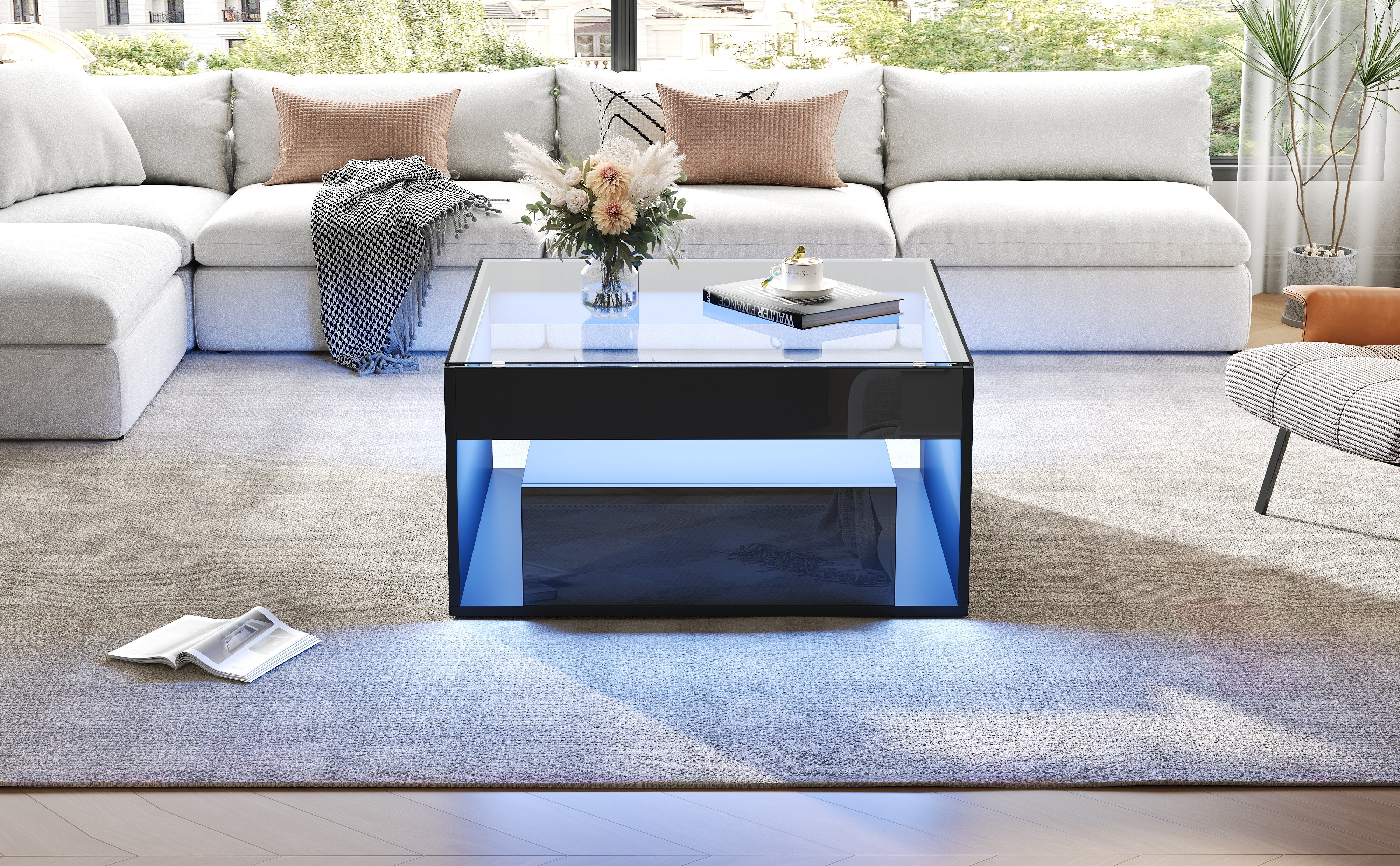 Coffee Table with 2 Drawers and LED Tempered Glass Top, High Gloss Black