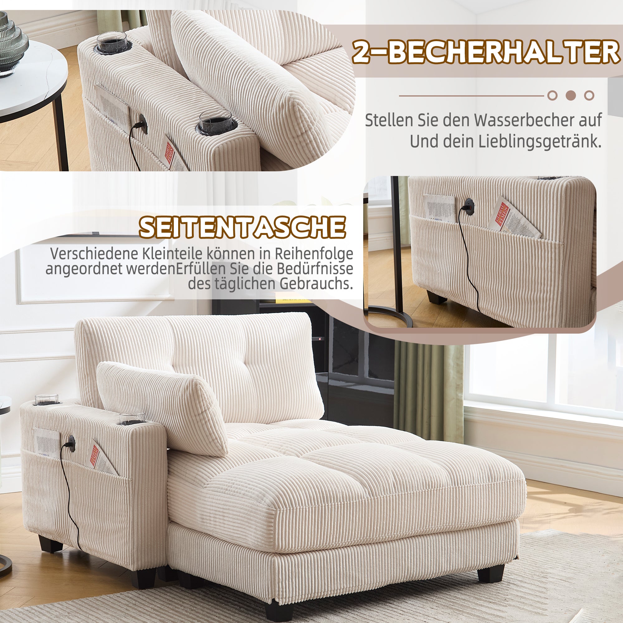 Palm Chair, Fluffy Striped Upholstery with Rolling Cushions & Side Pocket, Beige