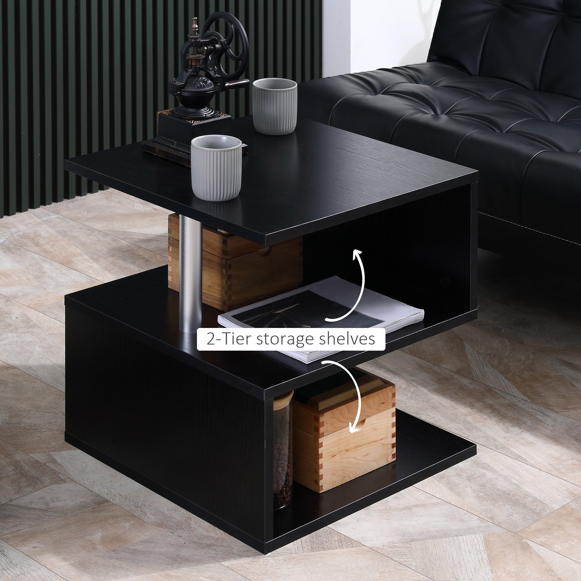Wooden S Shape Cube Coffee Table 2 Tier Storage Shelves Black