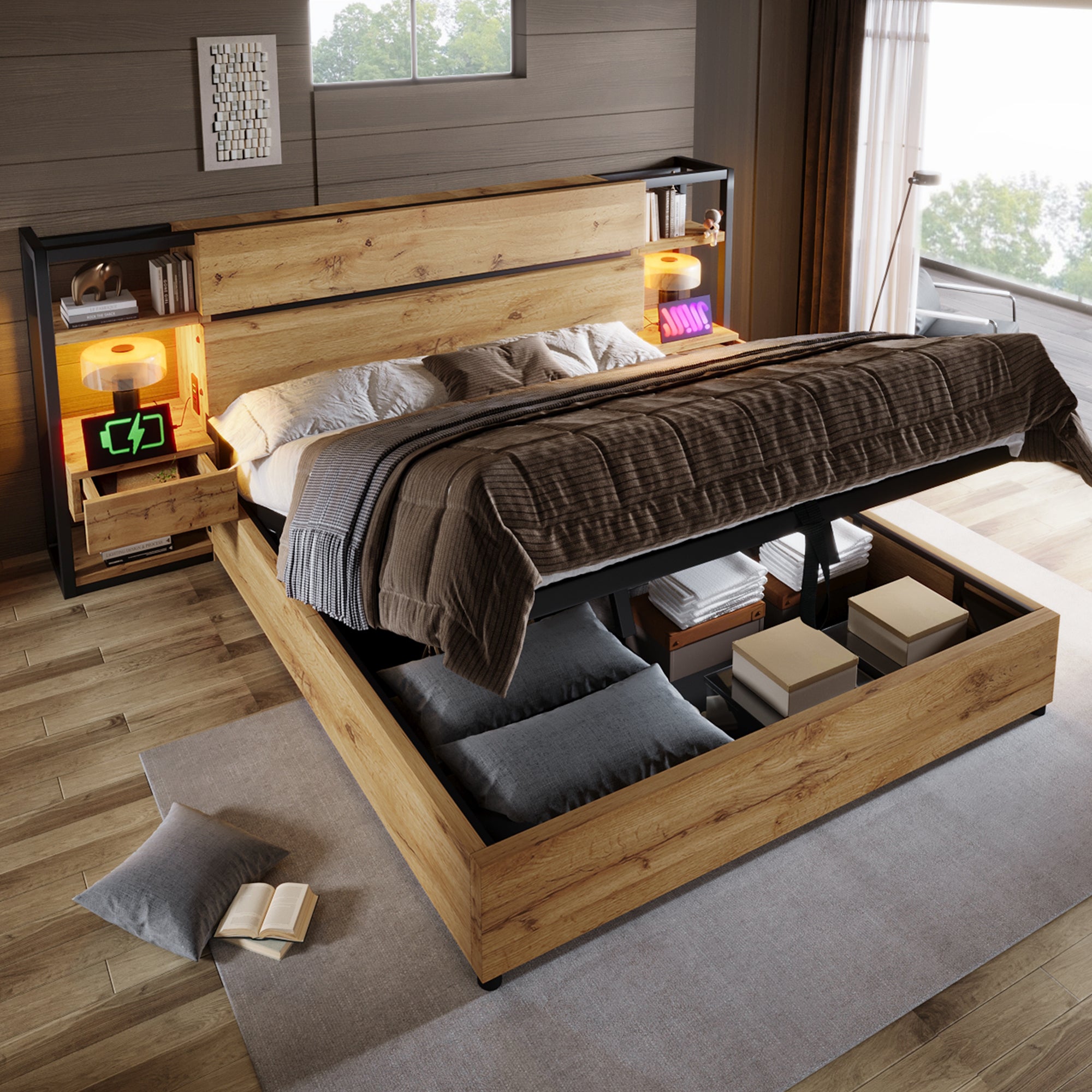 Wooden Double Bed 180x200cm, Hydraulic Storage, Headboard with USB Charging, Oak Color