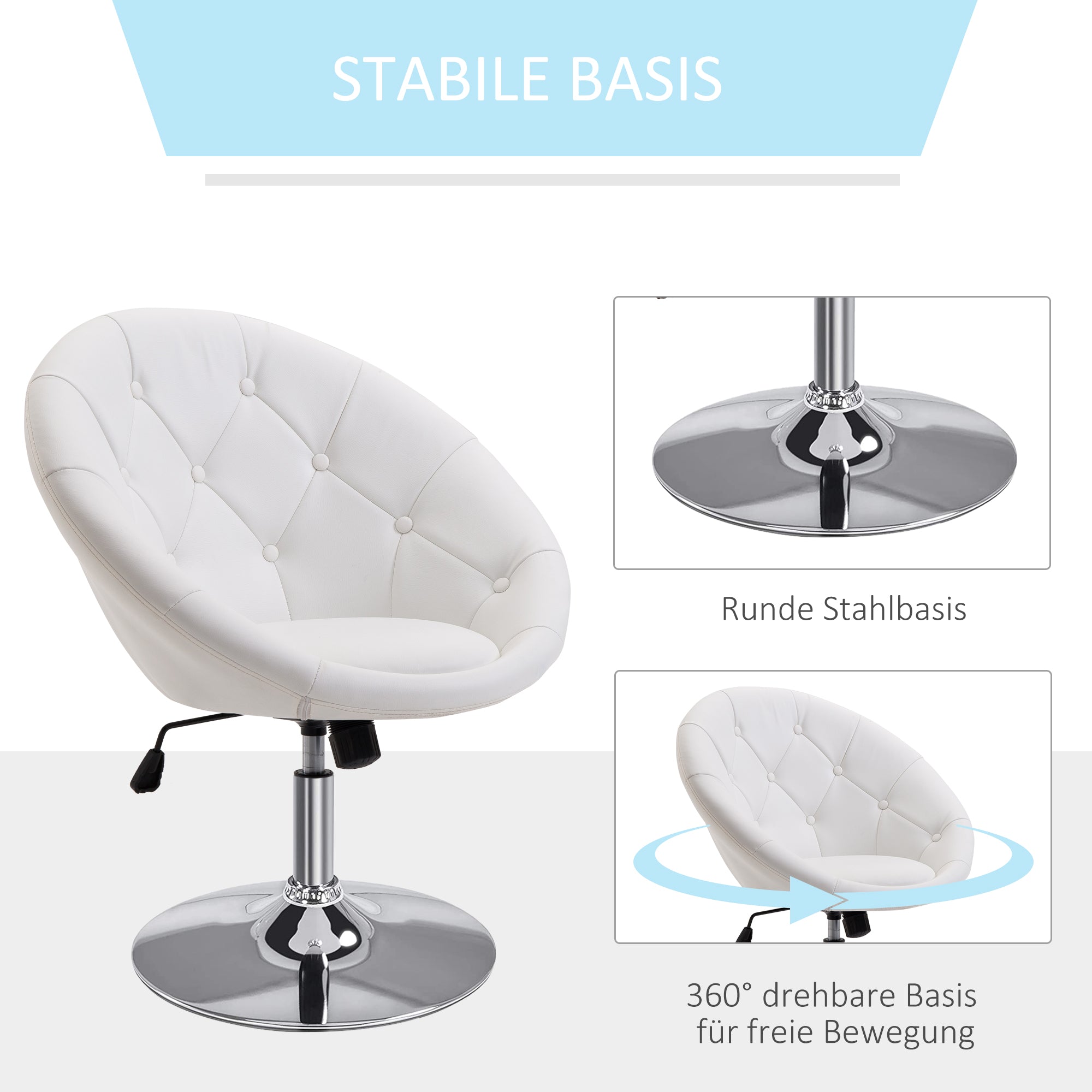 Work Stool Swivel Height-Adjustable Chrome-Plated Black/White PU Steel