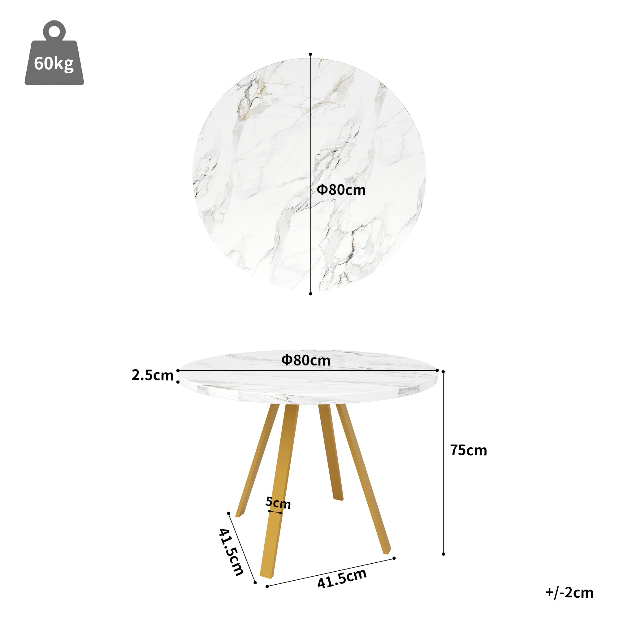 Round Dining Table 80x80x75cm 4-Seater Metal Legs - White Marble/Gold