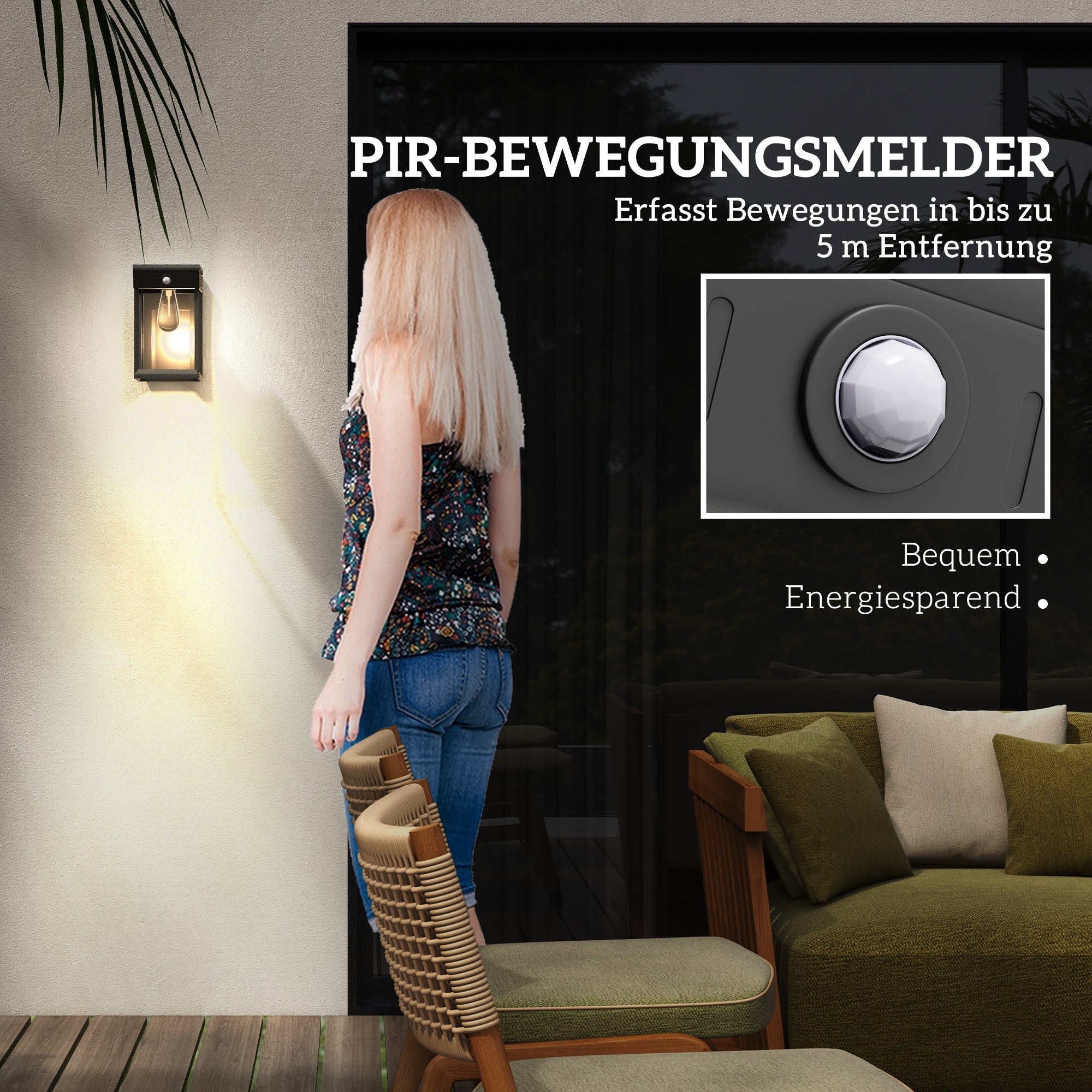 Solar Wall Light LED Outdoor, Warm White, Adjustable with Light Sensor IP44, Black