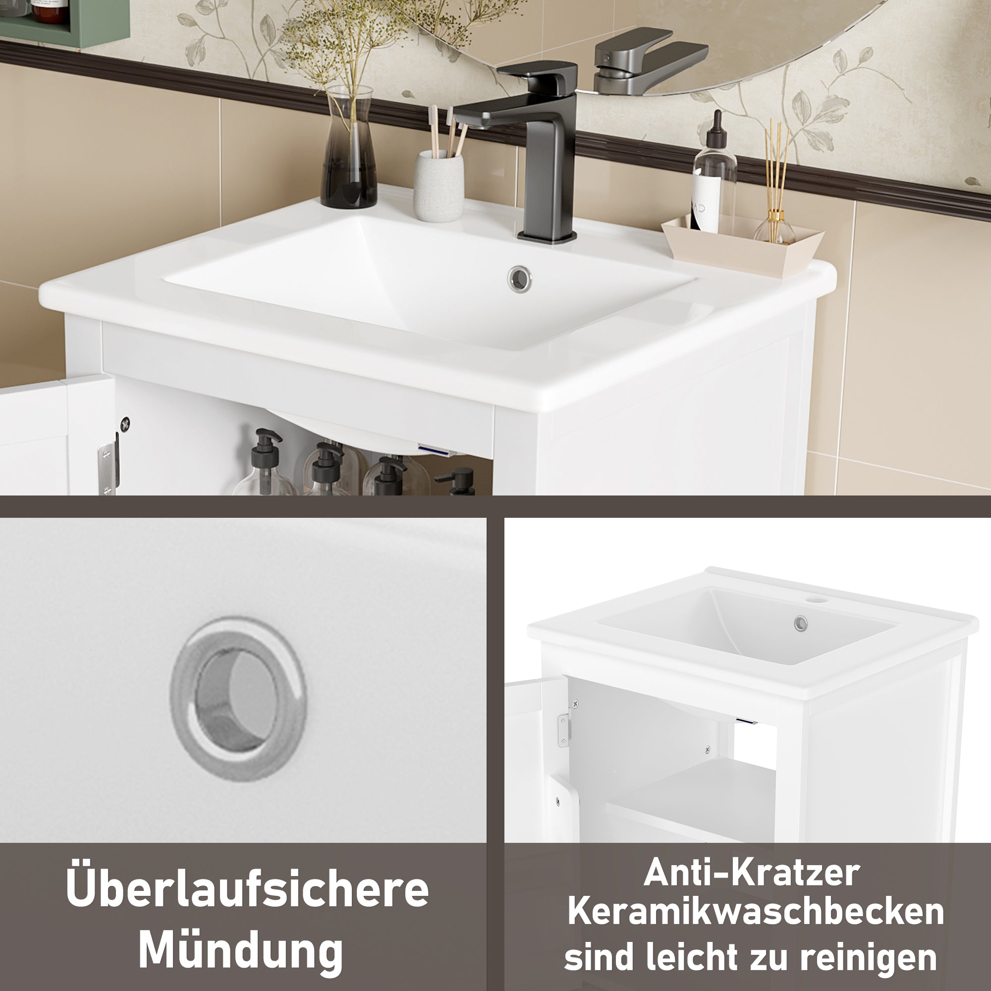 Floor-standing Bathroom Cabinet with Ceramic Sink and Storage Drawer, White