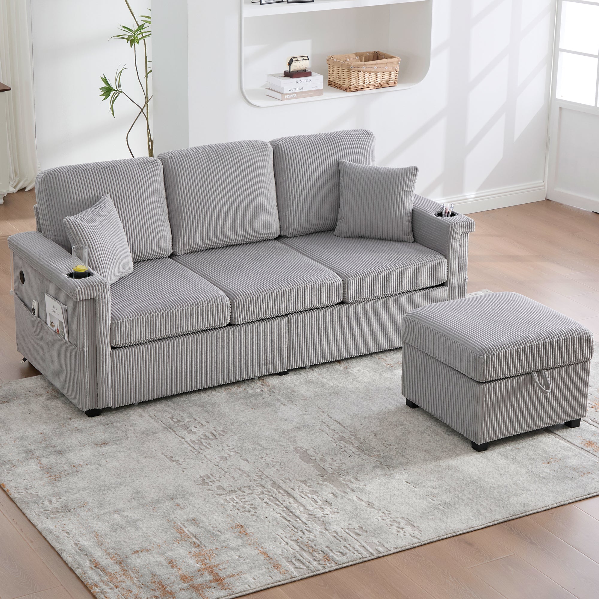 Velvet Sofa, LED, USB-C, Storage Ottoman, Cup Holders, Side Pockets - Light Gray