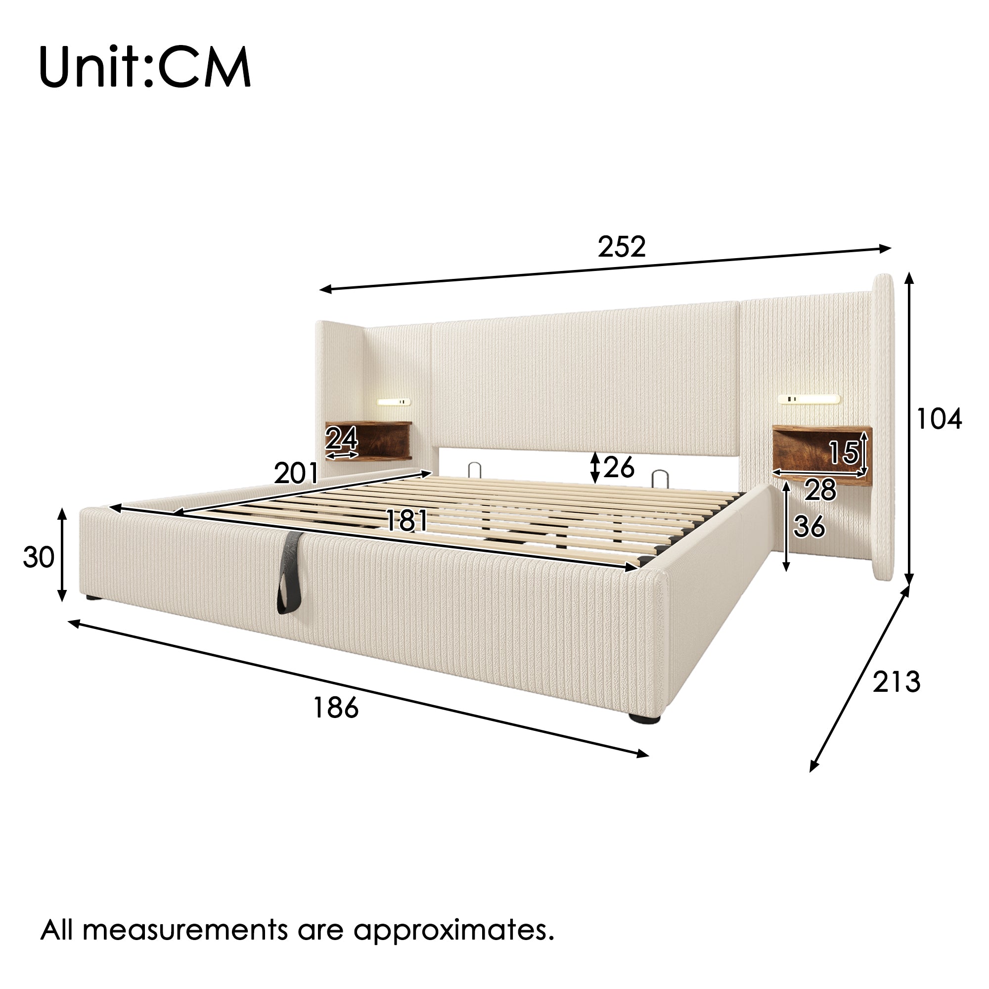 Upholstered Double Bed 180×200 with Bedside Table, Reading Lamp, USB-C, Solid Wood & Metal Frame, Beige-White Corduroy