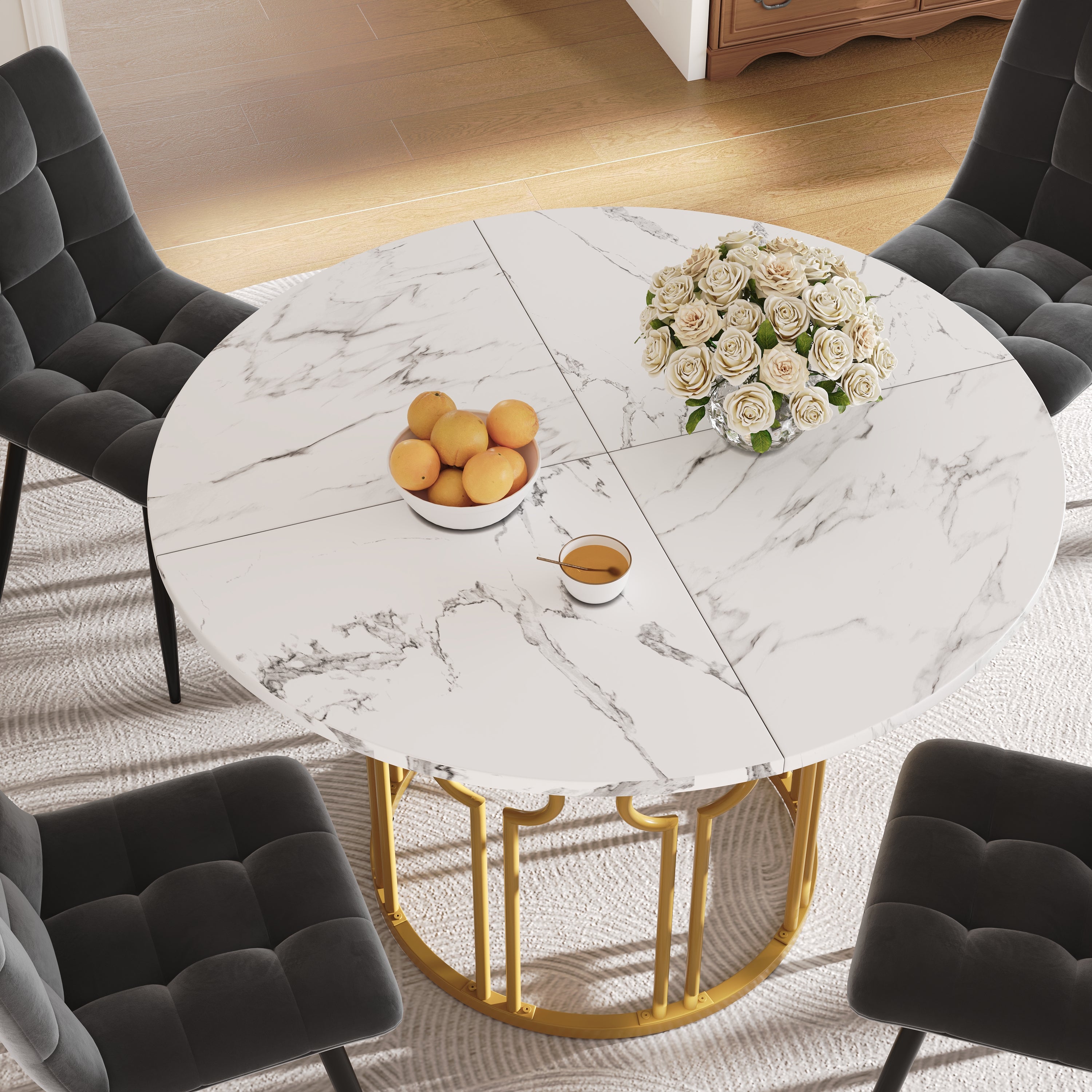 Round Dining Table, 100x100x76cm, Coffee Table for 4, MDF Marbled Top, Golden Metal Legs