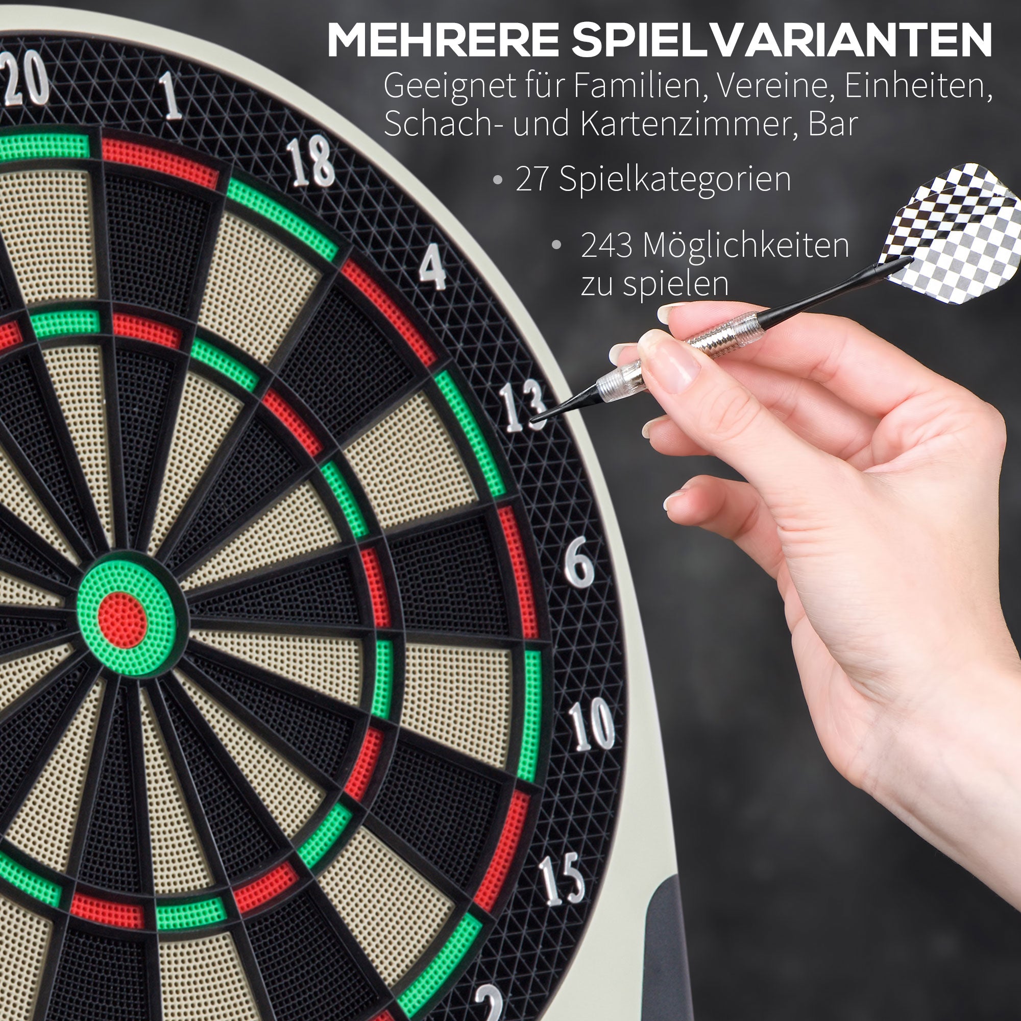 Electronic dartboard with 6 darts 27 games 243 hitting options