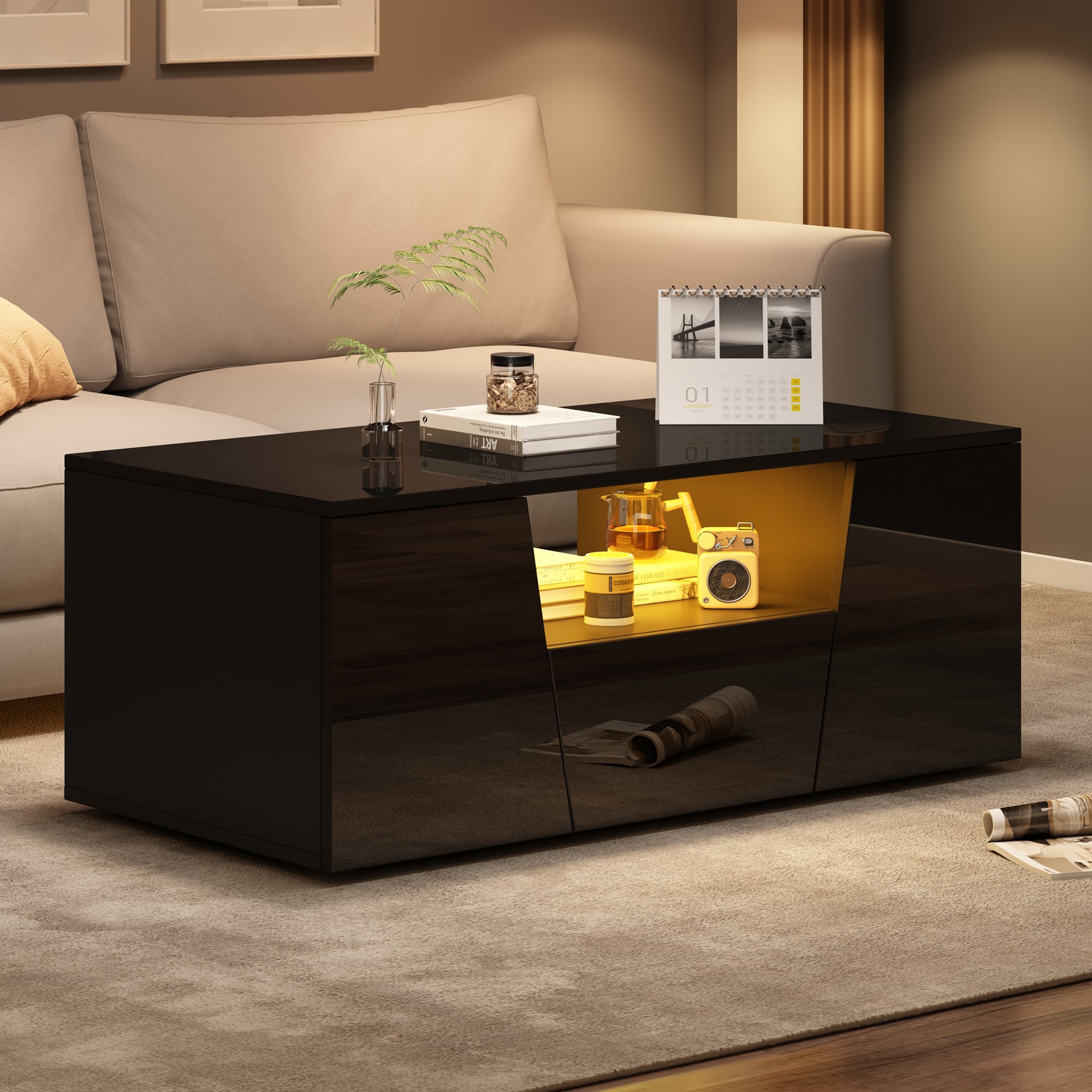 Coffee Table 100x50x40cm, LED Light, 2 Cabinets, 1 Drawer, Black