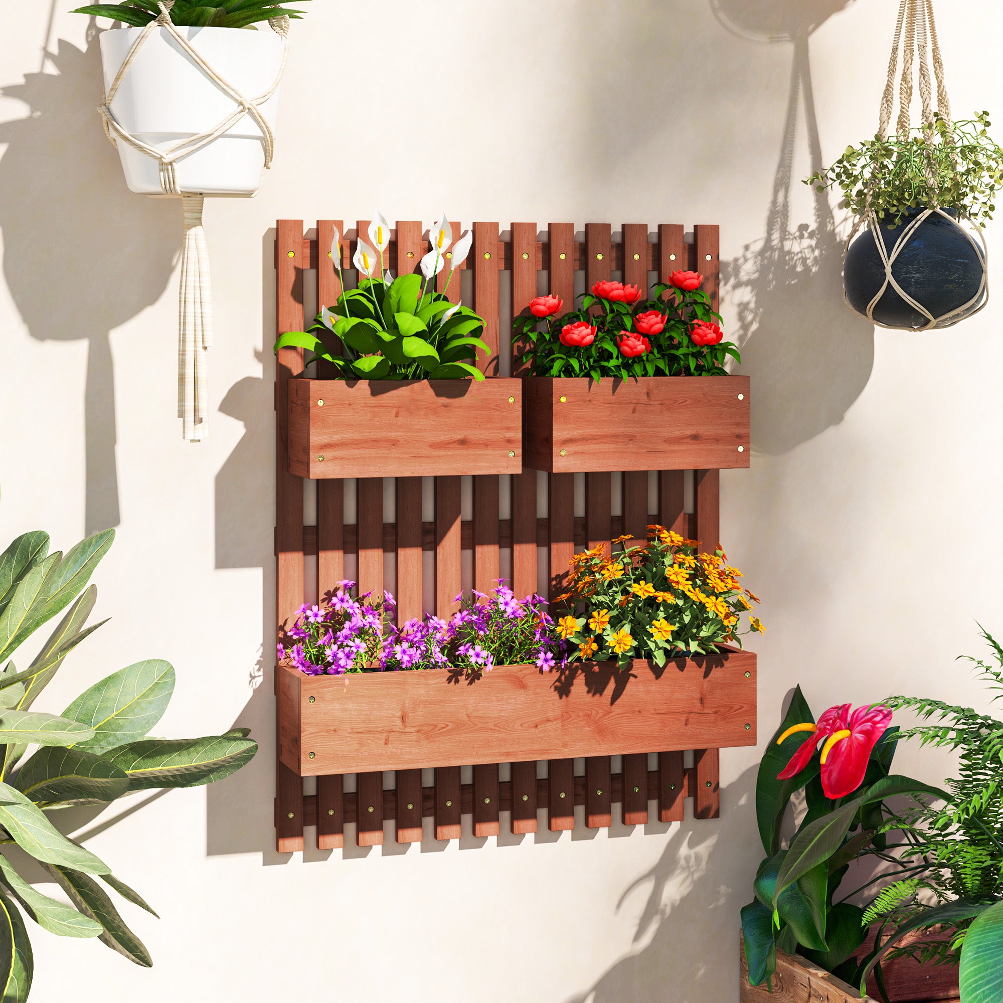 Wall-mounted Garden Planters, Trellis, Drainage Holes, 3 Planter Boxes - Wooden Brown