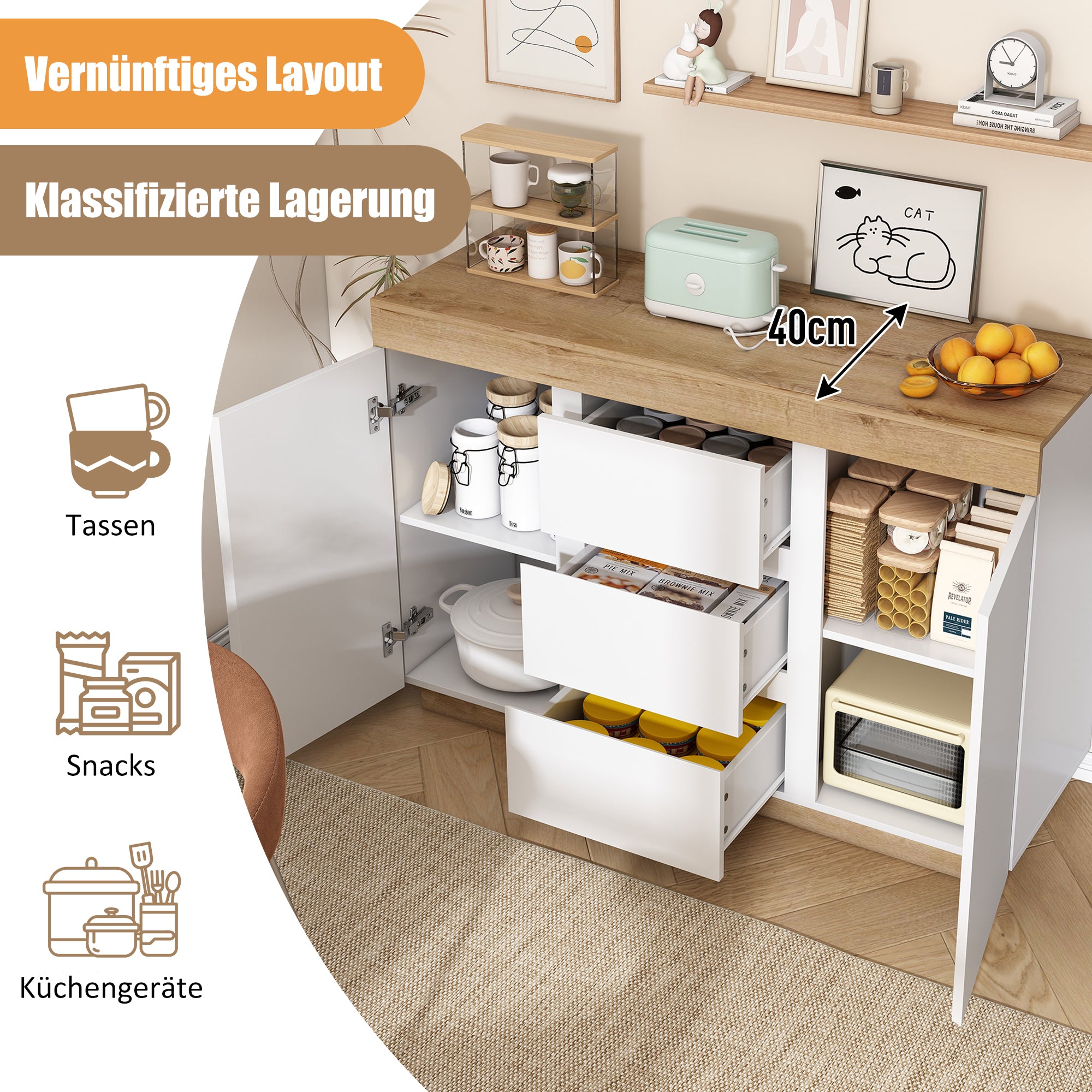 Chest of Drawers 3 Drawers 2 Doors Lockable Storage - White/Oak Chipboard