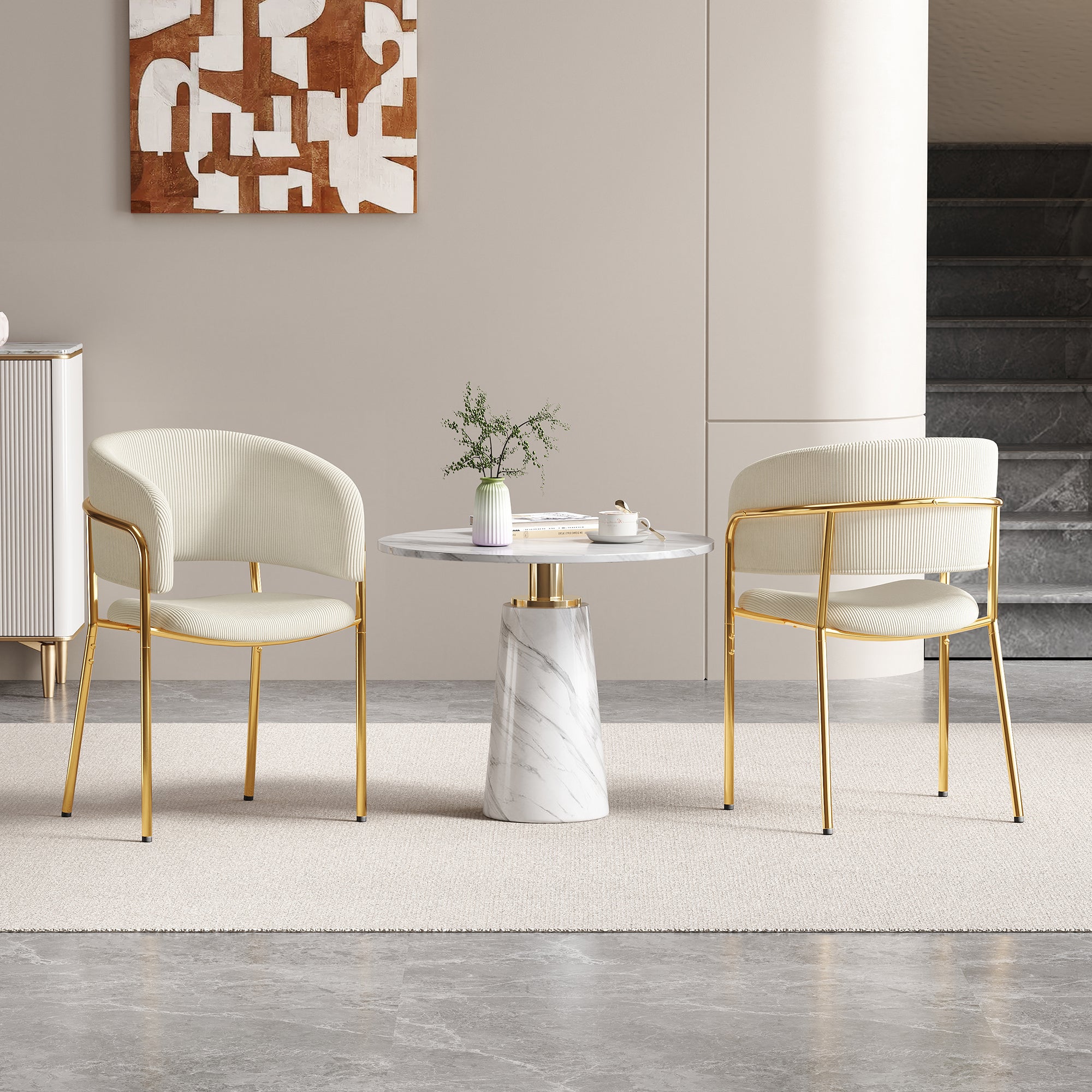 2 Modern Chairs with Angled Legs and Adjustable Feet, Beige Corduroy