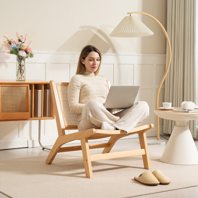 Armchair Rattan Back Recliner Reading Chair, Natural Wood