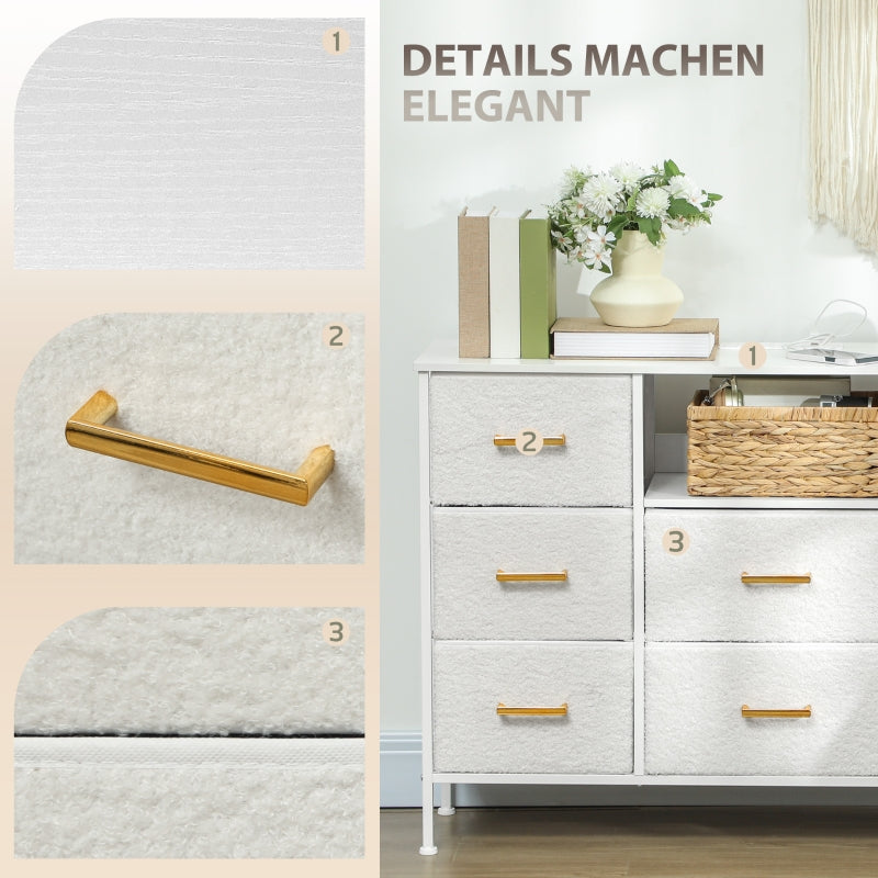 Chest of Drawers 8 Fabric Drawers Power Strip Steel Frame - Cream White