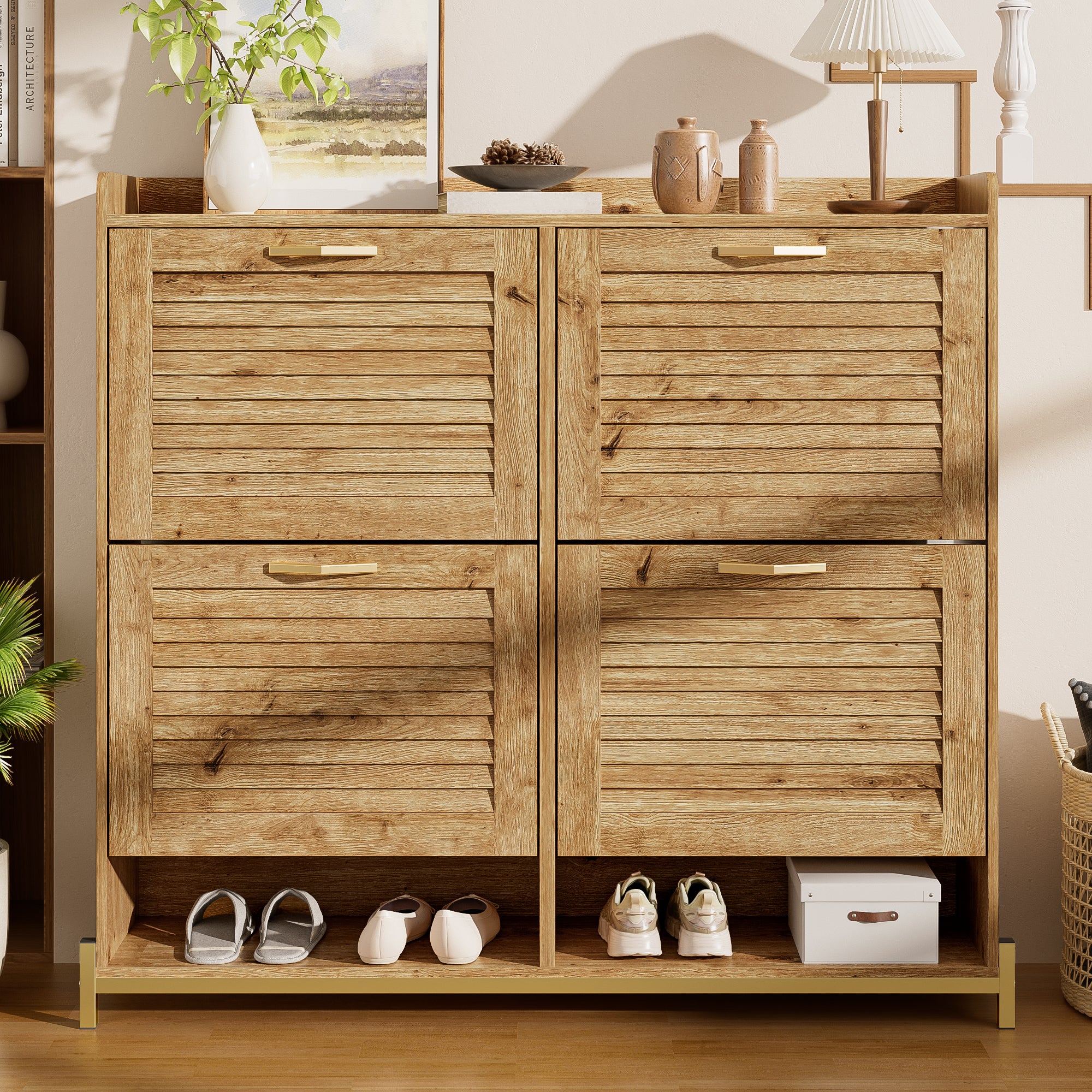 Modern Shoe Cabinet, 4 Doors, Metal Frame, Space-Saving, Wooden Slat