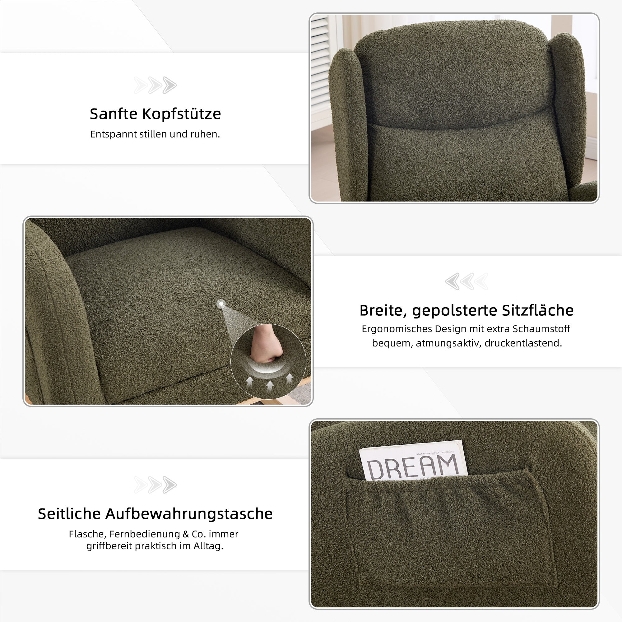 049B Rocking Chair, Nursing Lounge Chair with Adjustable Footrest, High Back, Teddy Fabric, Green